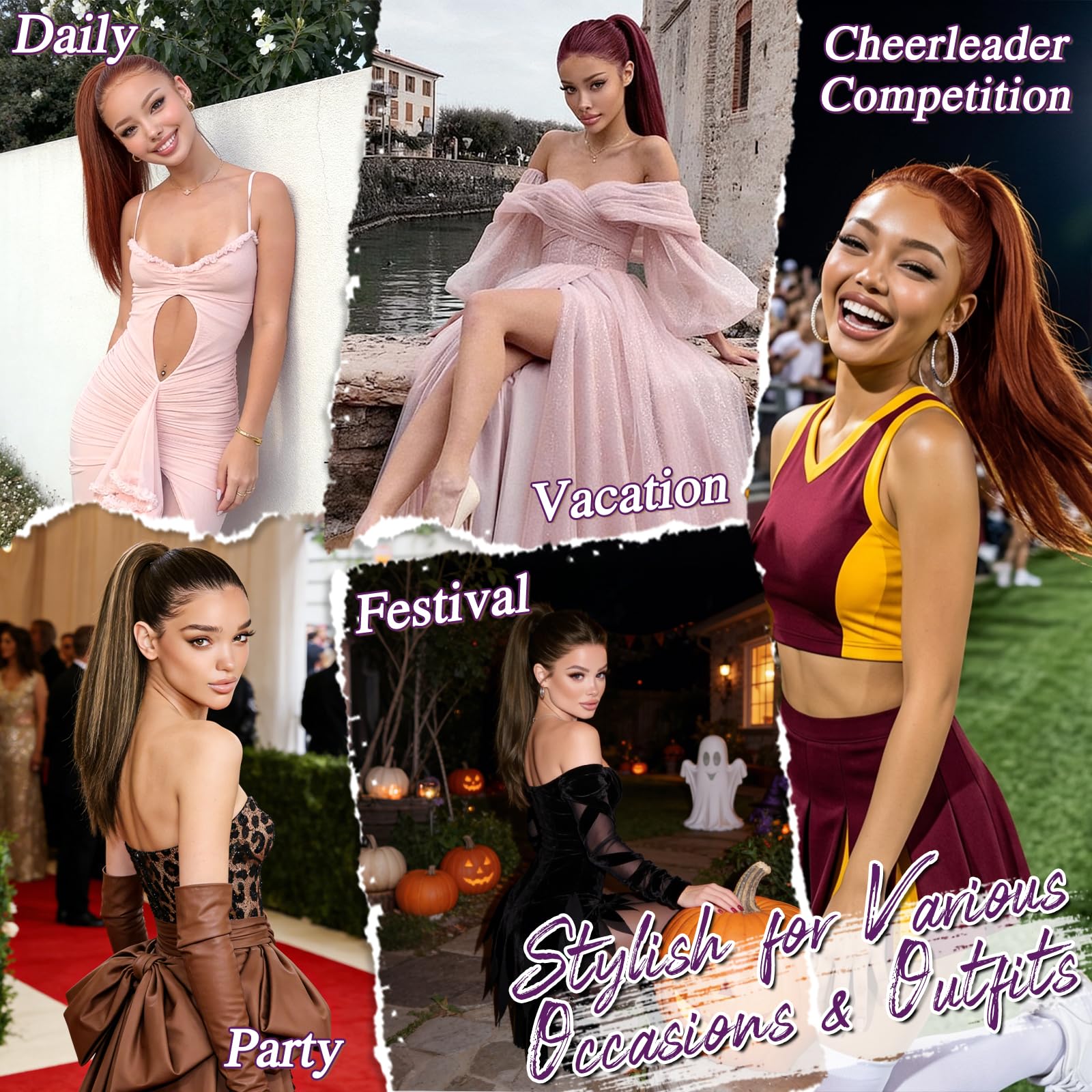 BARSDAR Liso Coleta Postiza Extensiones Pelo, 40cm Corta Cola de Caballo Extension con Cordón Natural Sintética Cheer Posh Ponytail Extensiones Postizos Fiestas Cheer Competition - Marrón con Rubio