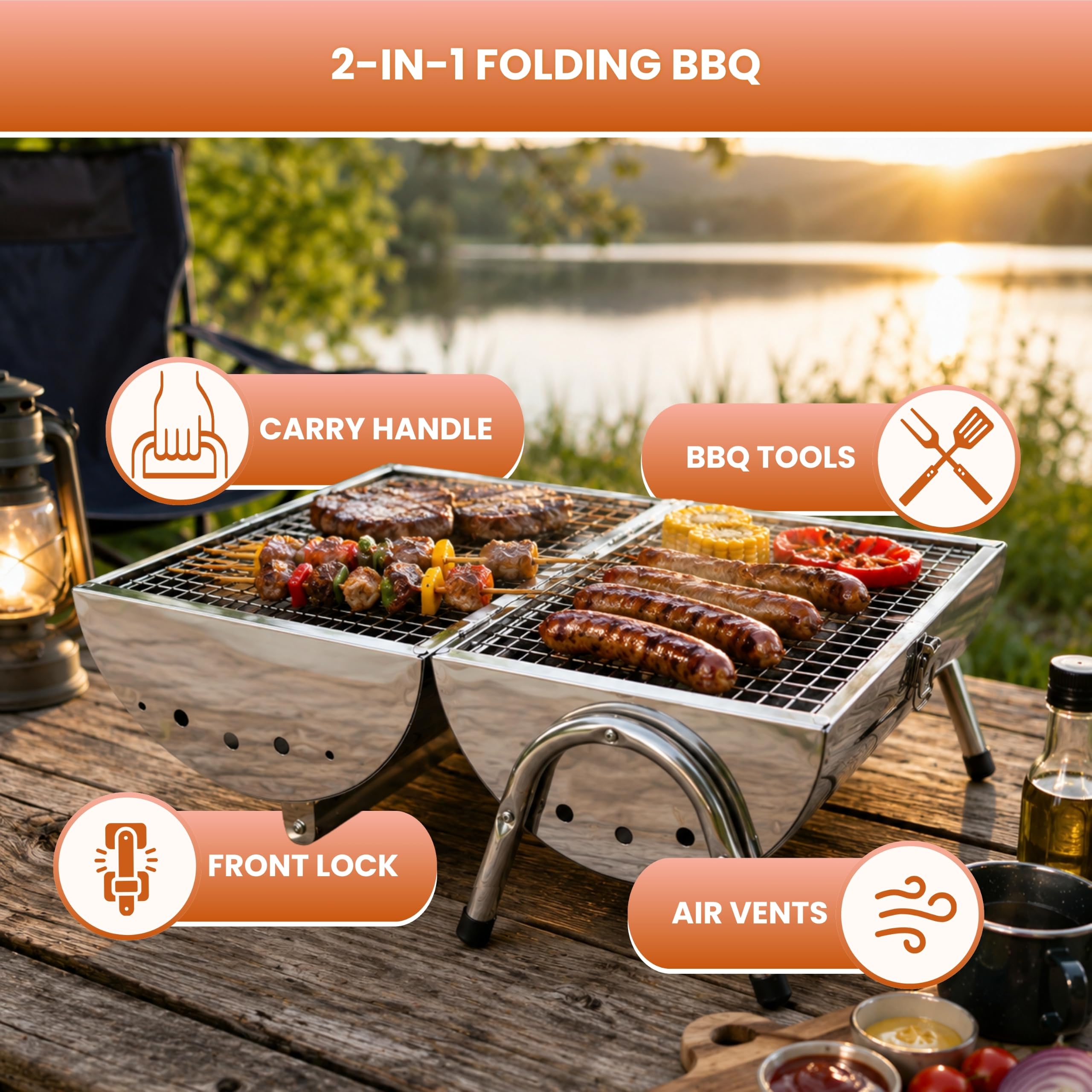 Garden Mile Parrilla grande de carbón de acero inoxidable para barbacoa de medio barril abierto, portátil, parrilla de carbón con mango de madera para el hogar, bar, jardín, fiesta
