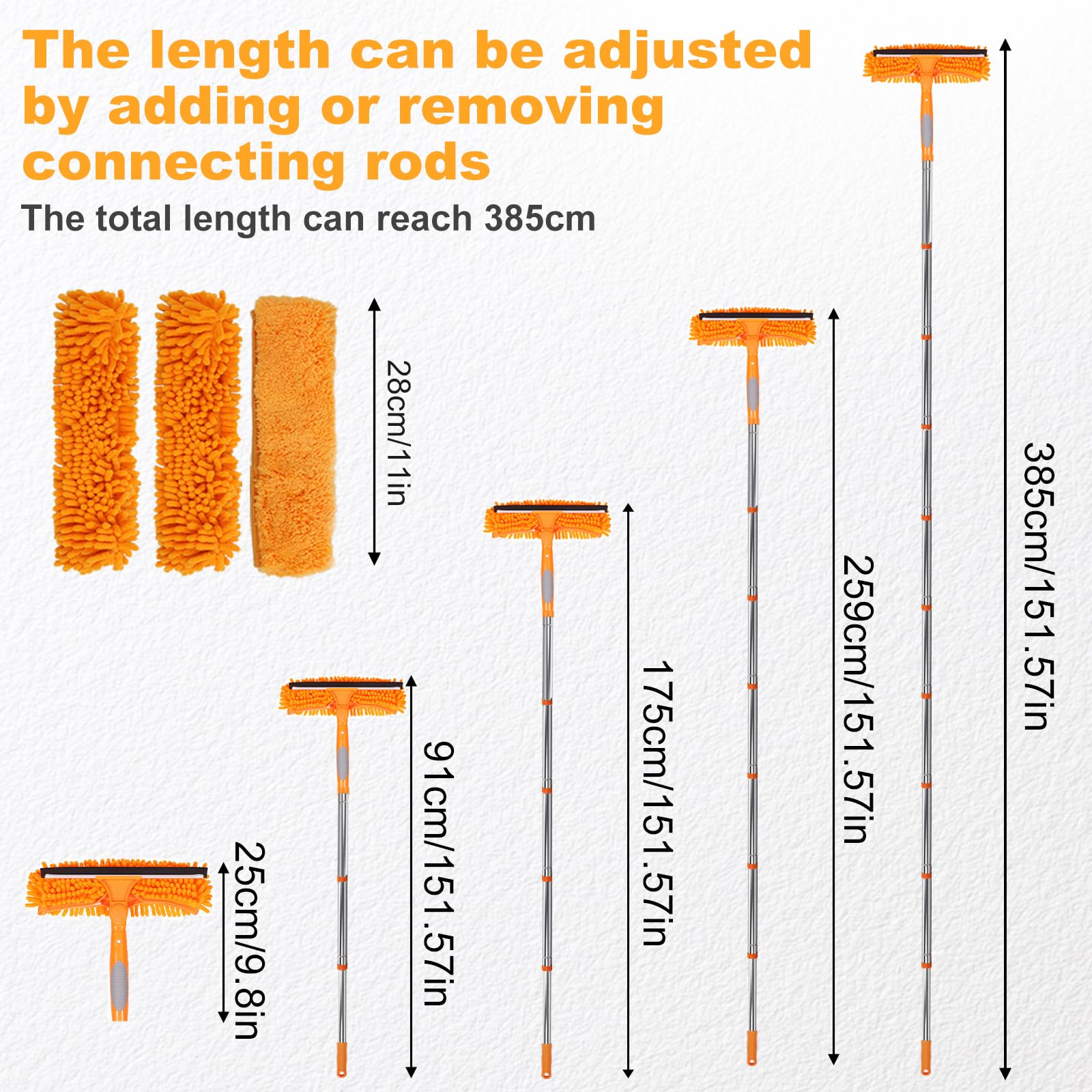 HA BIN Lavavetri Professionale con Manico Telescopico (400 CM), 2 in 1 Tergivetro in Silicone e Lavavetri in Microfibra, Pulitore per Finestre, Auto, Doccia e Vetro – Senza Strisce e Facile da Usare