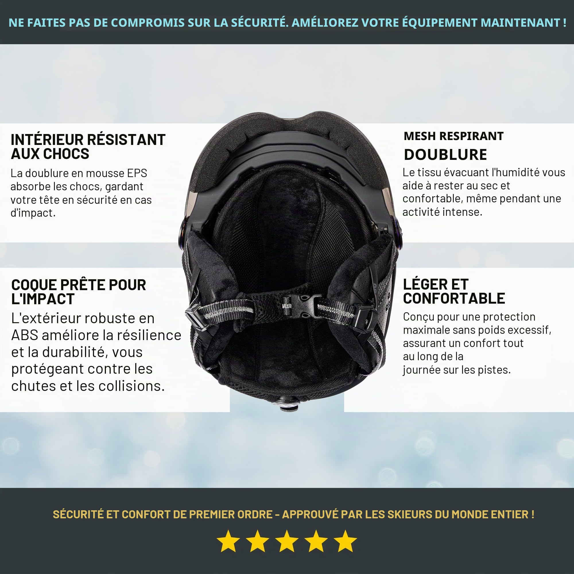 meteor Casque de ski avec visière renforcée de contraste et miroir de haute qualité - Casque de ski et snowboard pour une vision claire - Avec système de ventilation - Pour adultes et enfants