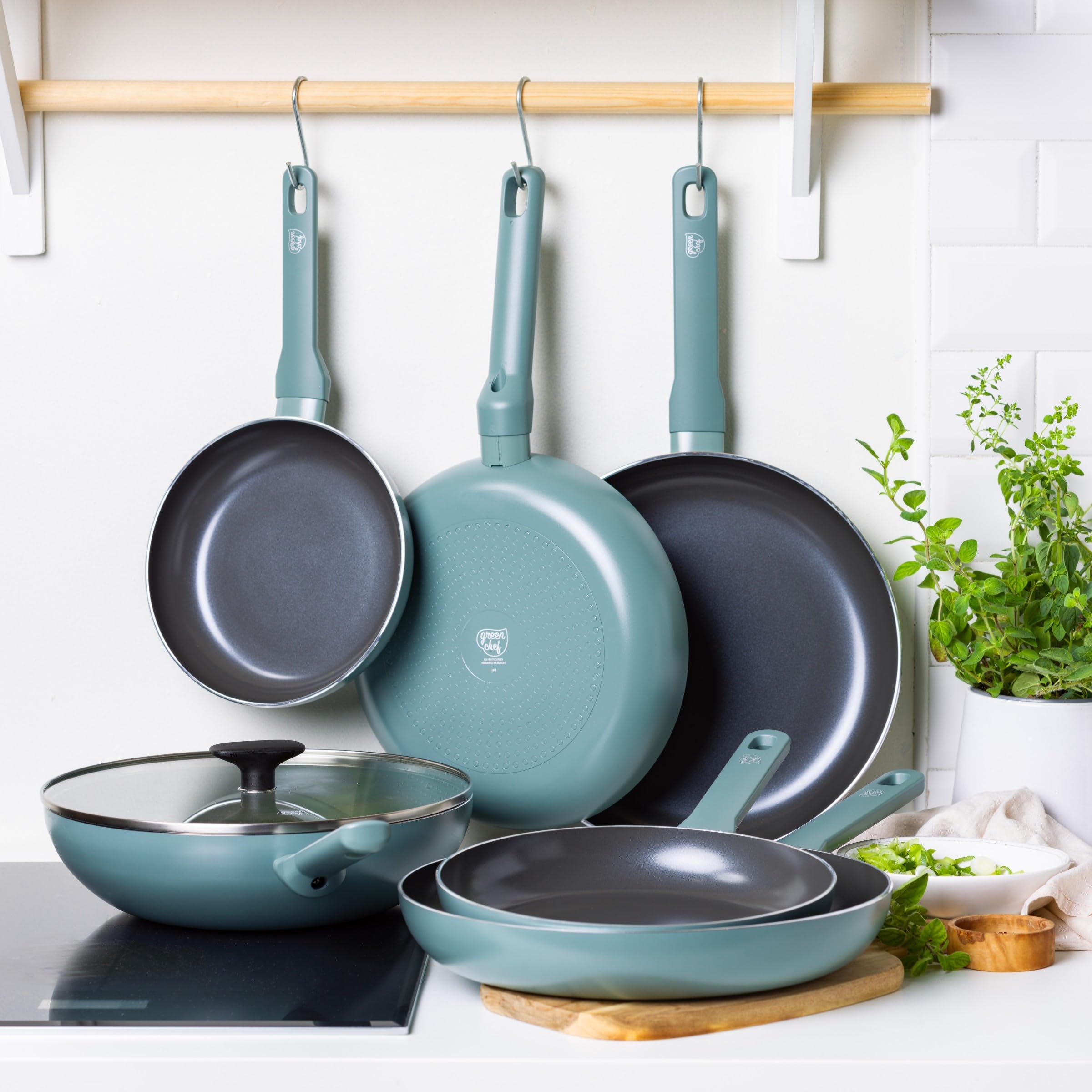 GreenChef Tones Wok con Rivestimento Ceramico Antiaderente, 28 cm, Compatibile Induzione, Senza PFAS, Adatto Forno 200 °C, Lavabile Lavastoviglie, Blu Fumo