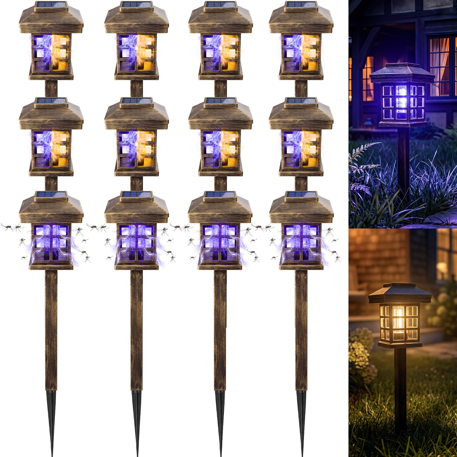 12 Stück Solar Insektenvernichter für den Außenbereich, wasserdicht, 2-in-1 Mückenzapper, solarbetriebene Mückenfalle, Abwehrlampe, tötet Insekten, LED-Lampe, warmes violettes Licht für Garten
