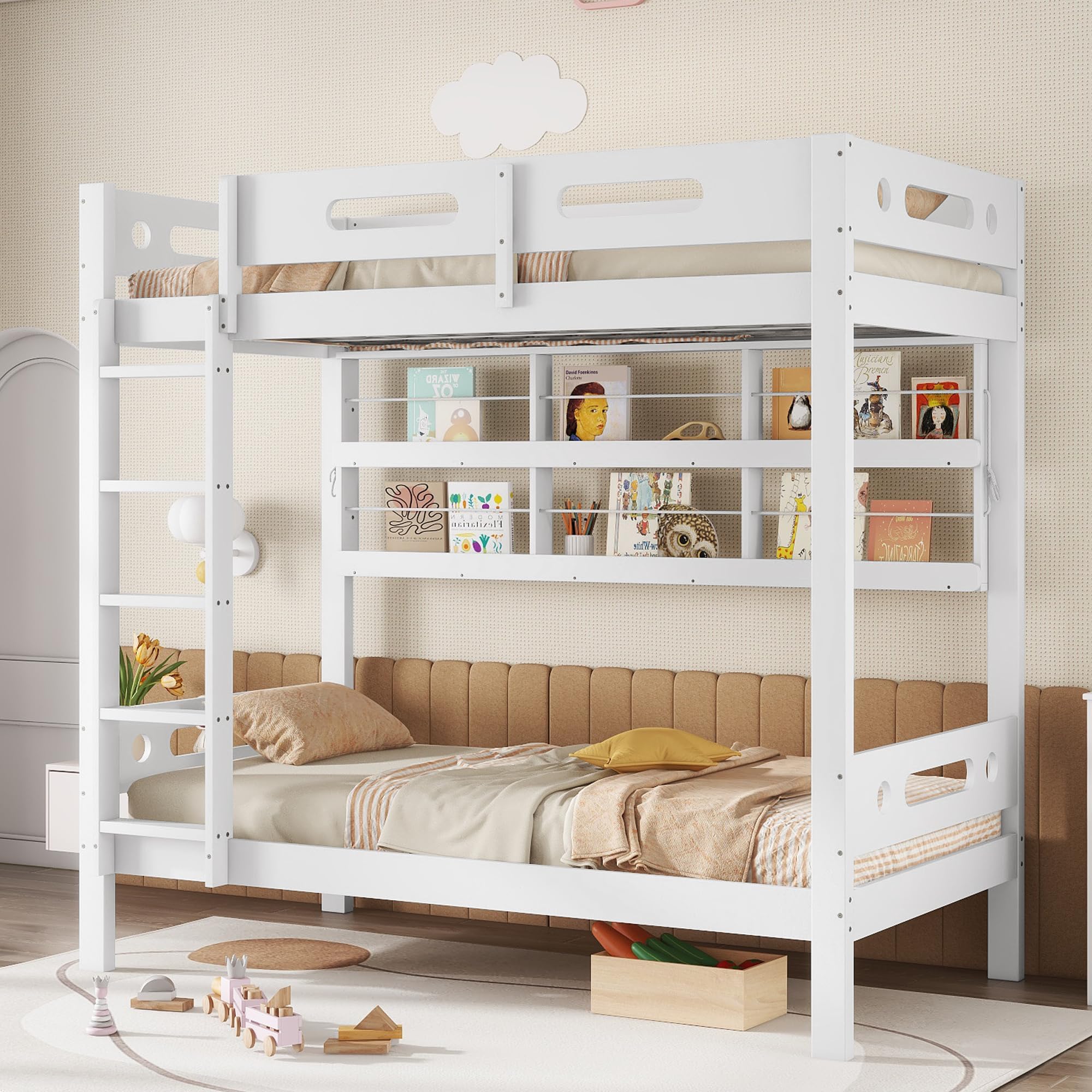 Azkoeesy Letto a castello con libreria per ragazzi e adulti, colore bianco, 90x200 cm - con sponda e doghe - legno di pino - portata massima 120 kg