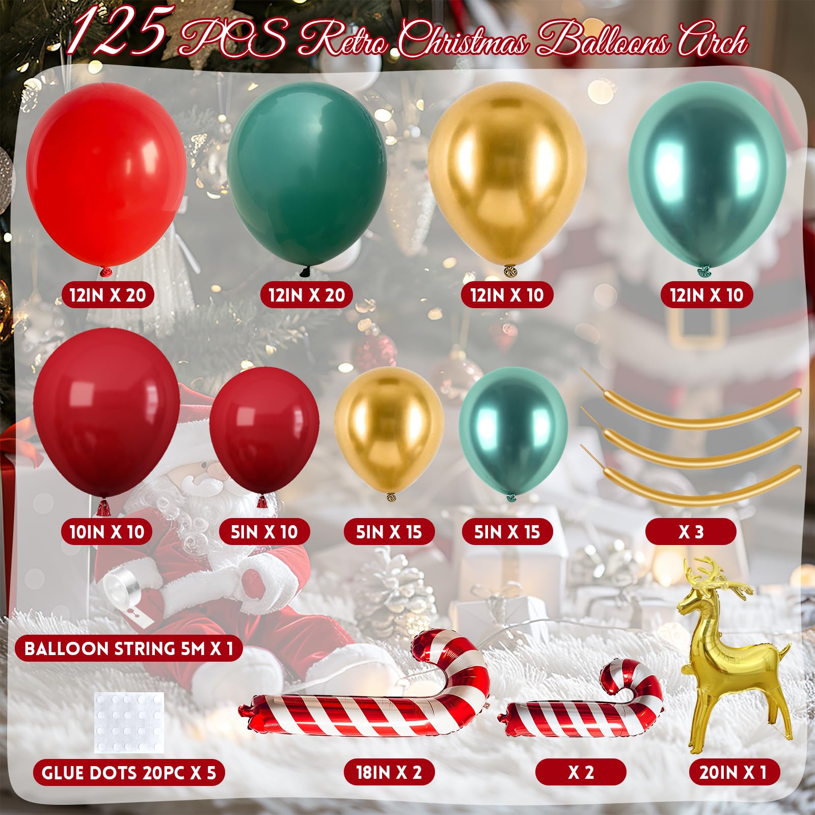 Christmas Balloon Garland Kit, 125 Pack Red Green Gold Deer Arch Kit With Candy Canes - Image 2