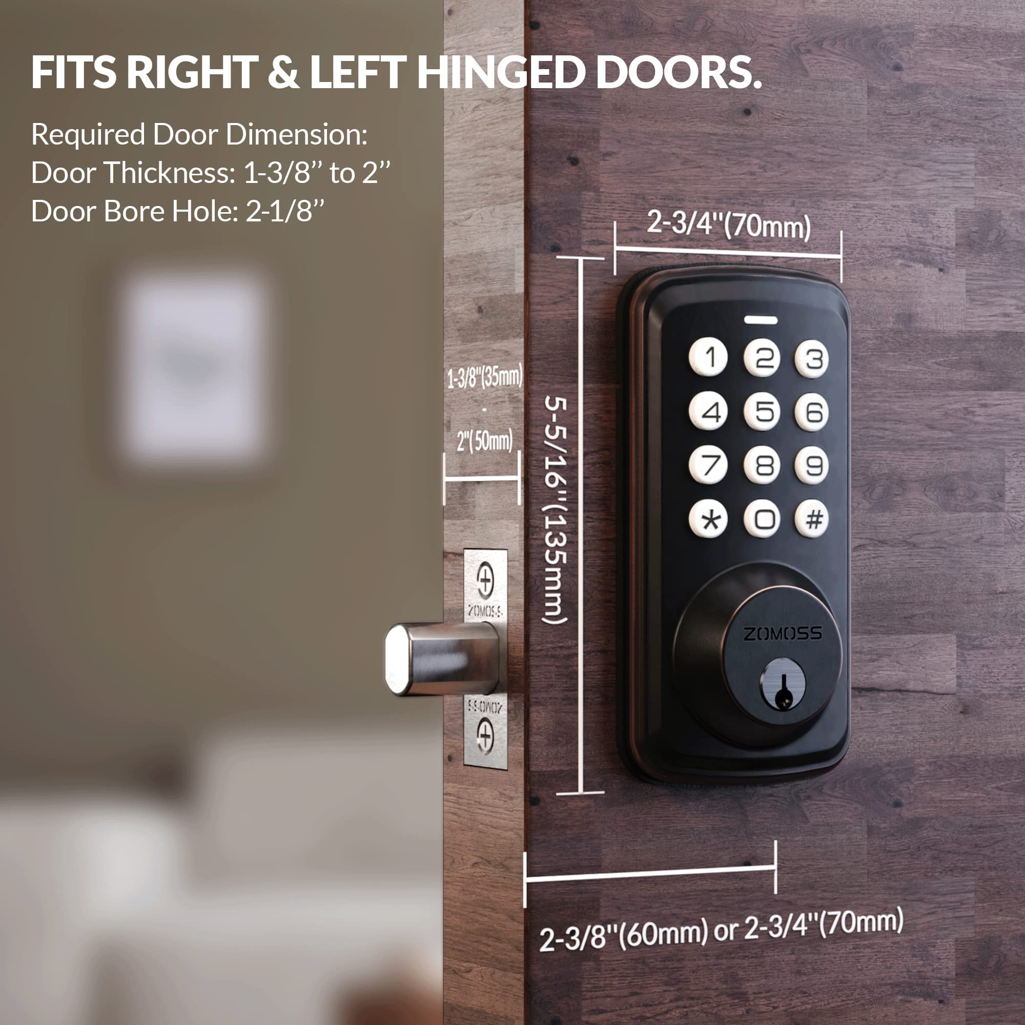 Condition photo showing New/Like New for keyless entry door lock, zomoss electronic keypad deadbolt lock, auto lock, 20 user codes, digital deadbolt for front door, easy to install, 1 press locking, oil rubbed bronze