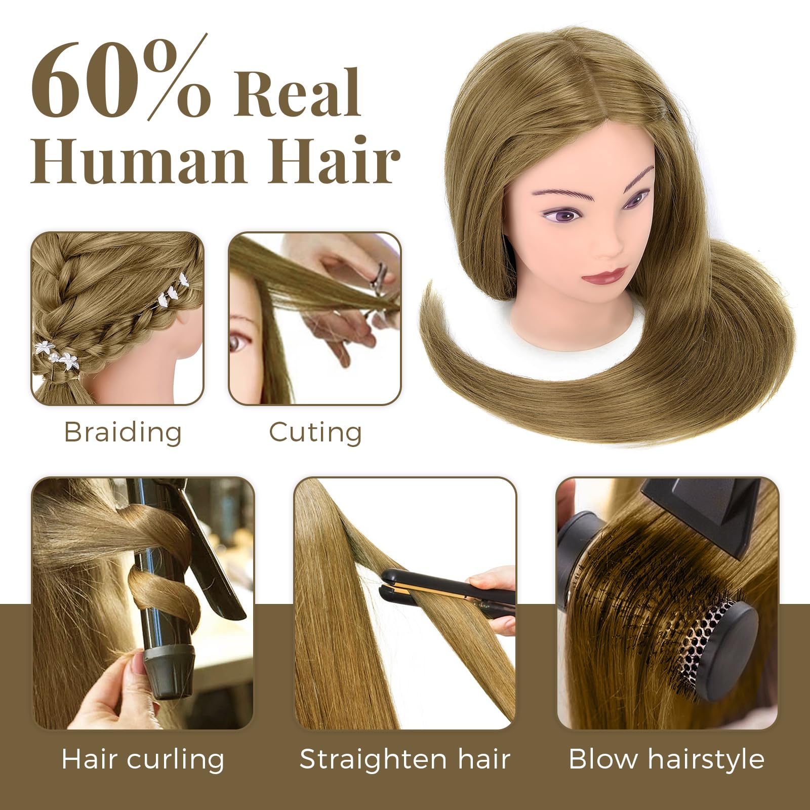 Neverland Beauty & Health głowa do ćwiczenia fryzur 66-71 cm z podstawką trójnożną, 60% prawdziwych włosów, do warkoczenia, manekin kosmetologiczny z podstawą do głowy manekina, głowa lalki do