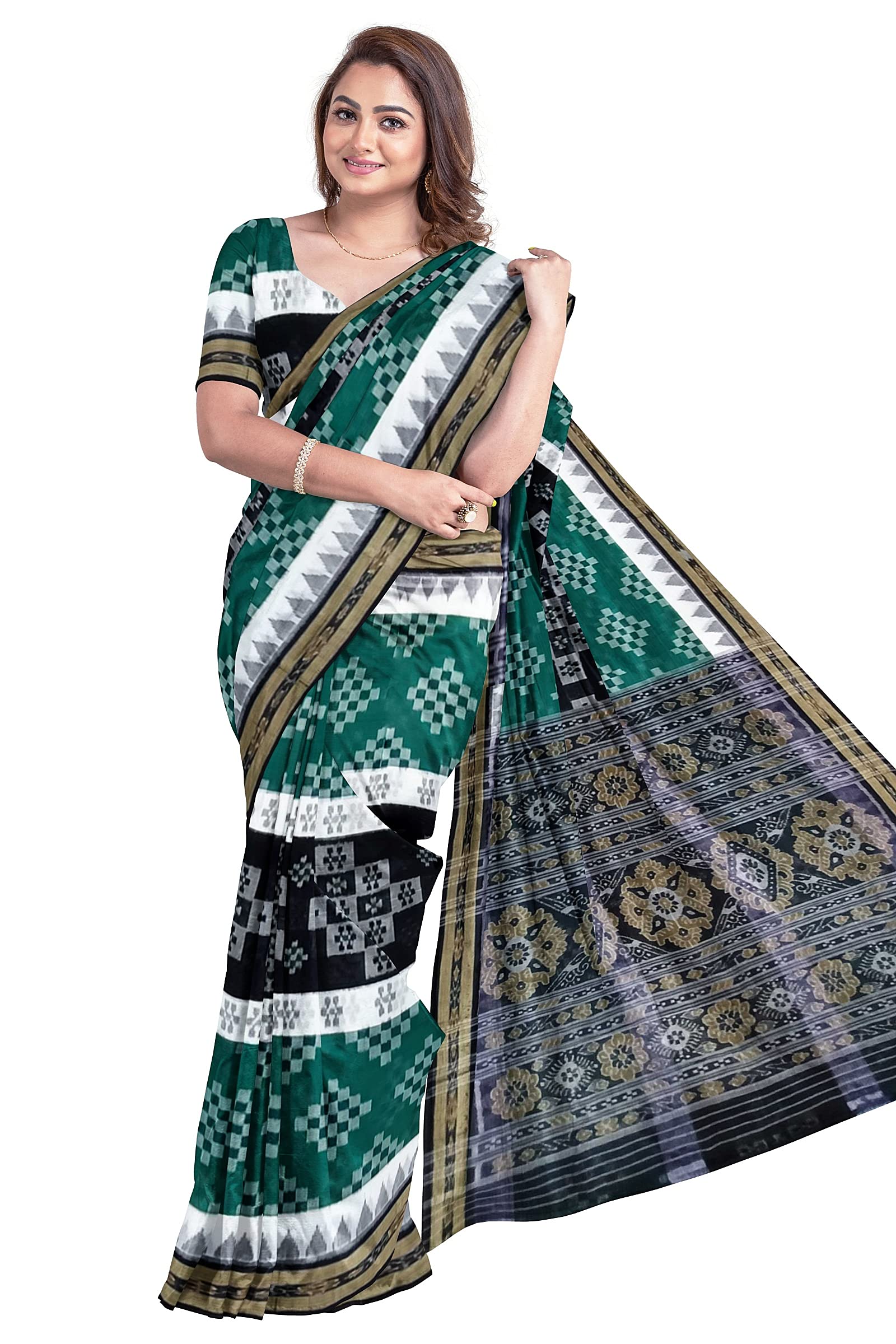 BHSWomen's Sambalpuri Pure Cotton Bomkai Saree With Blouse Piece (Nuapatanapata_Green)