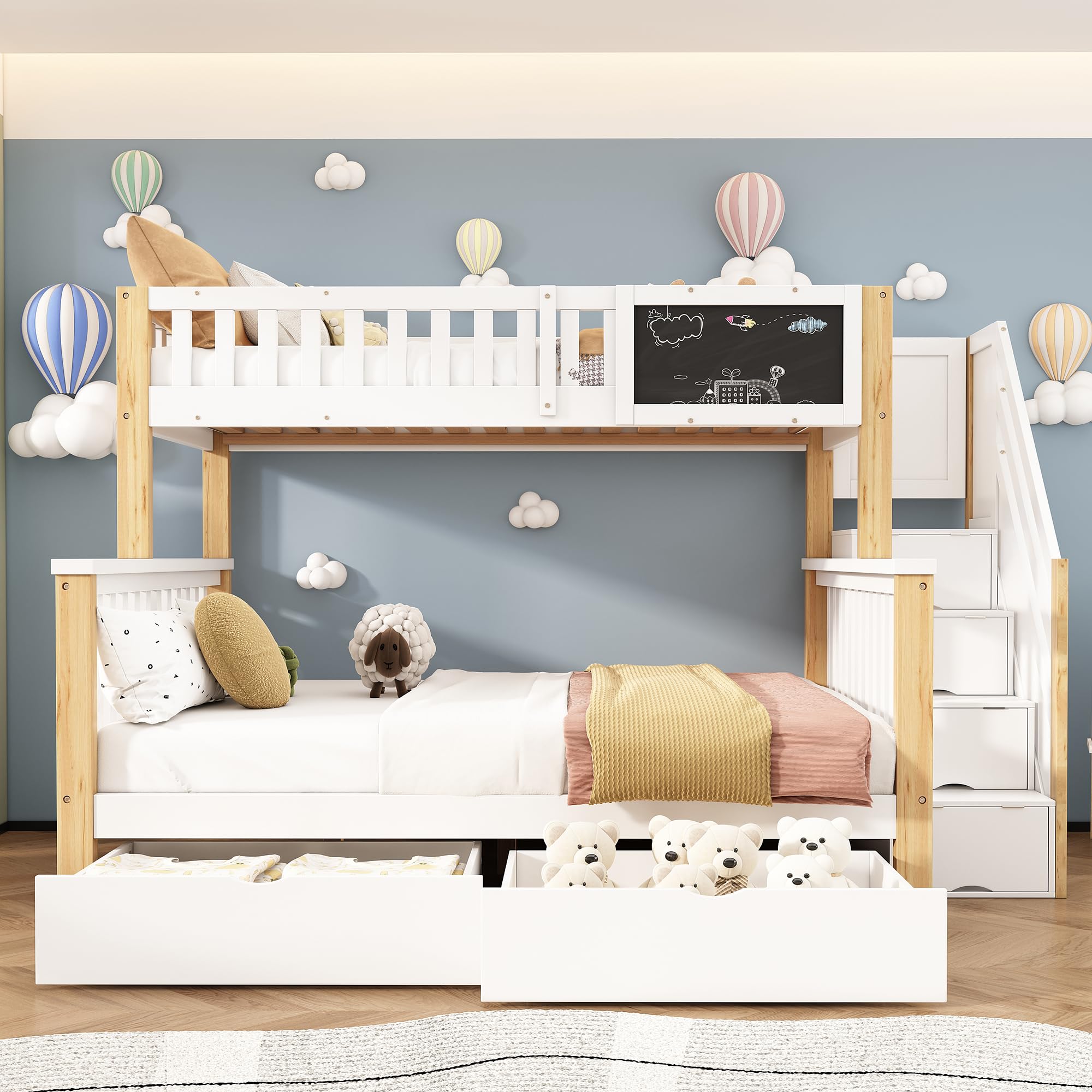 Moimhear Letto a castello per bambini, matrimoniale, multifunzione, con piano e cassetti, 90 x 200 + 140 x 200 cm (bianco + rovere chiaro)