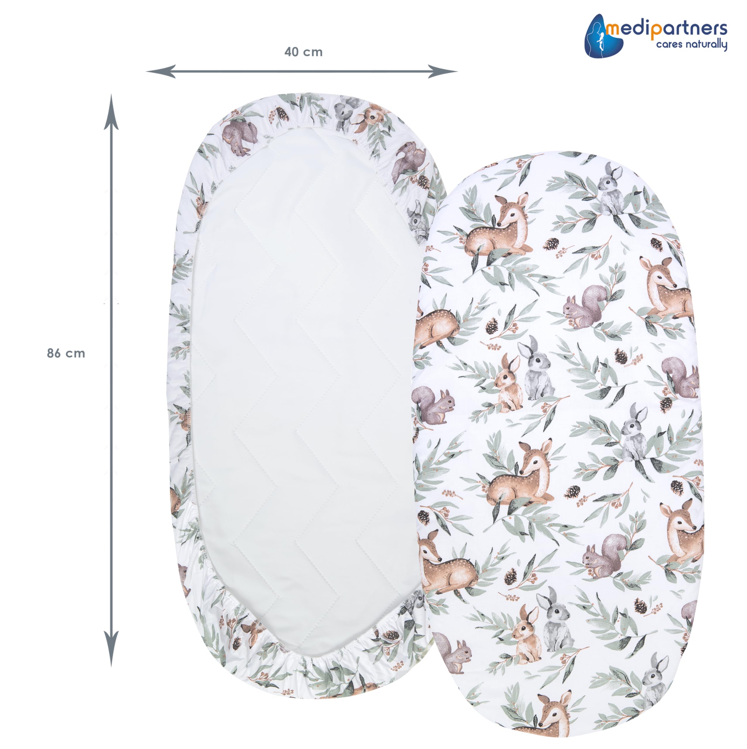 Medi Partners Set of 3 pcs. Fitted Sheet Pram 86 x 40 cm 100% Cotton Mattress Protector Baby, Deer in the Leaves-white-grey, Three pack - Image 4