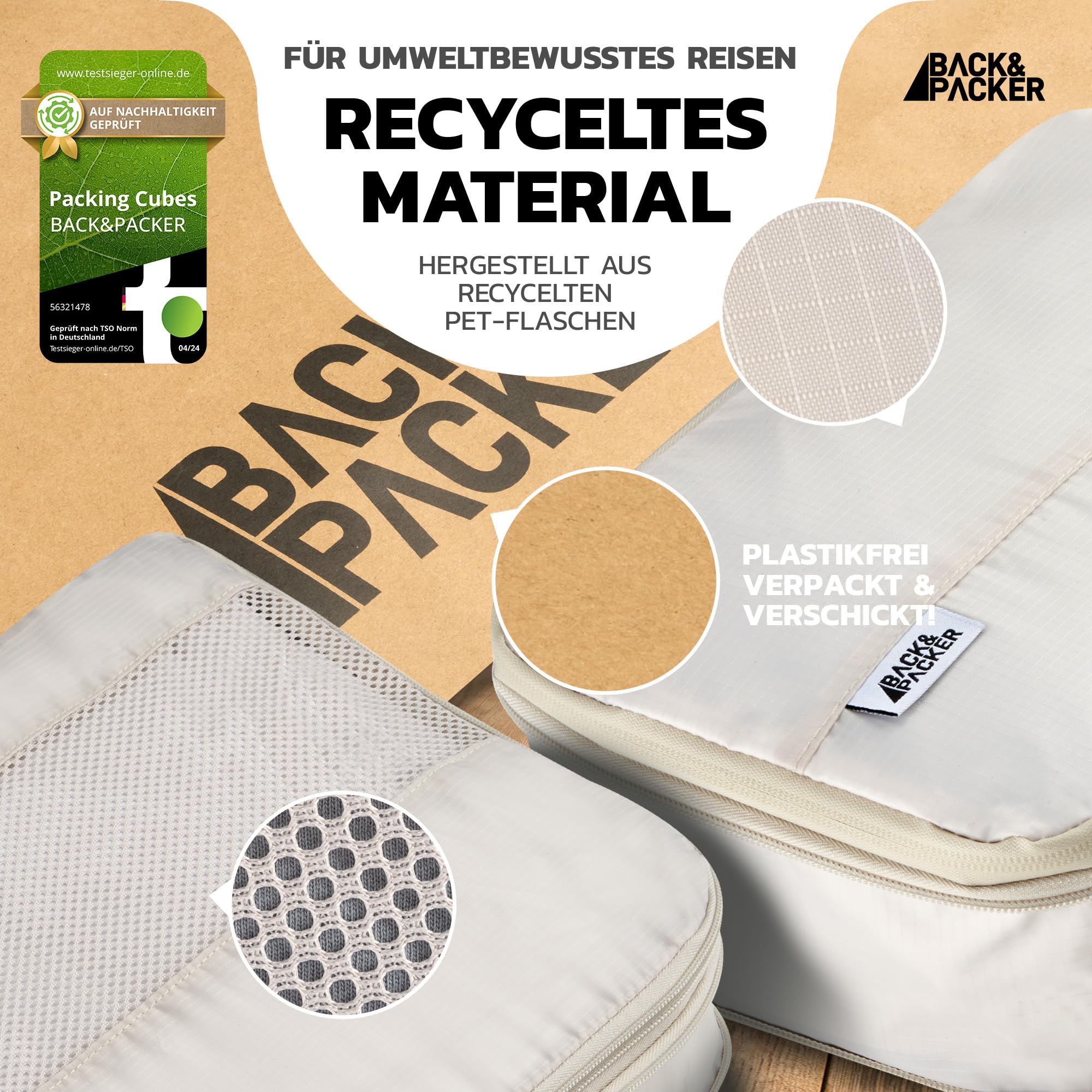BACK&PACKER® Packing Cubes 4-częściowy zestaw toreb do pakowania z materiału pochodzącego z recyklingu - lekki organizer do plecaka i walizki - w zestawie kostki do pakowania na mokre pranie i worek