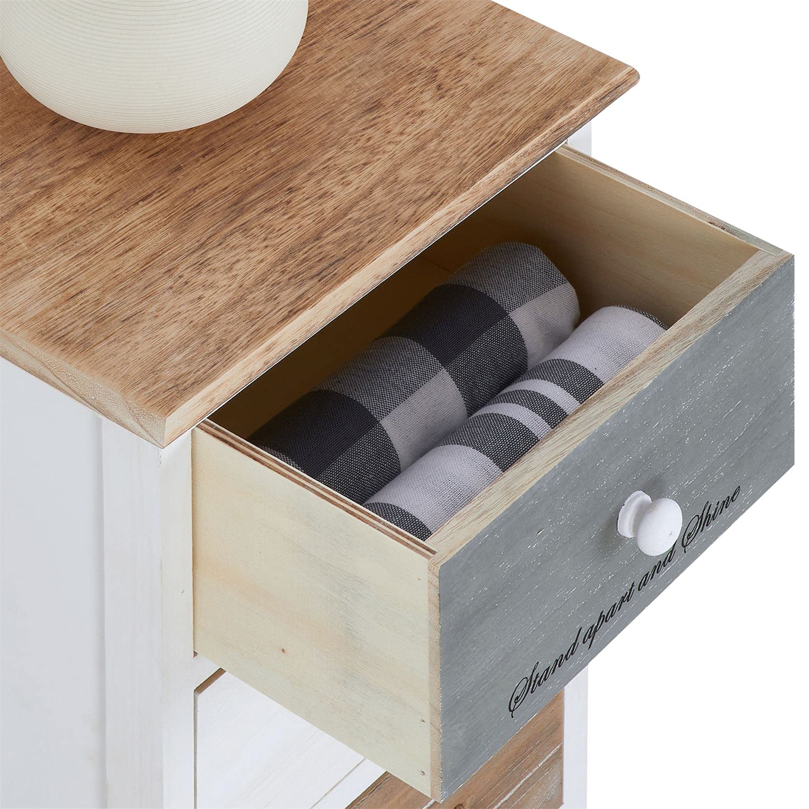 IDIMEX Chiffonnier Salva H 77 cm en Bois Massif Blanc, Gris et Brun 5 tiroirs Commode Petit Meuble de Rangement Haut pour Chambre ou Salle de Bain