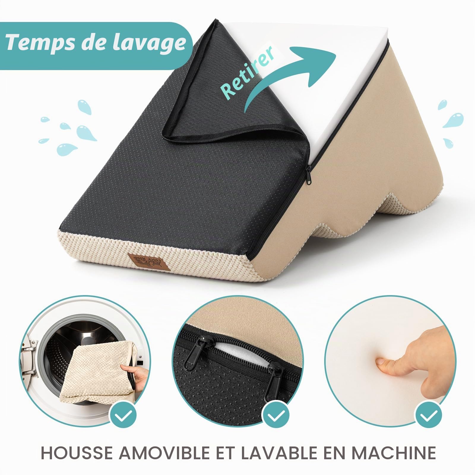 COZY KISS Escalier pour Chien, Étape pour Animaux en Éponge avec Couvercle Amovible, Échelle pour Chiot, Chat, Animaux Agés, Lit et Sofa, Léger, Durable (Beige, 40x57x40cm, 3)