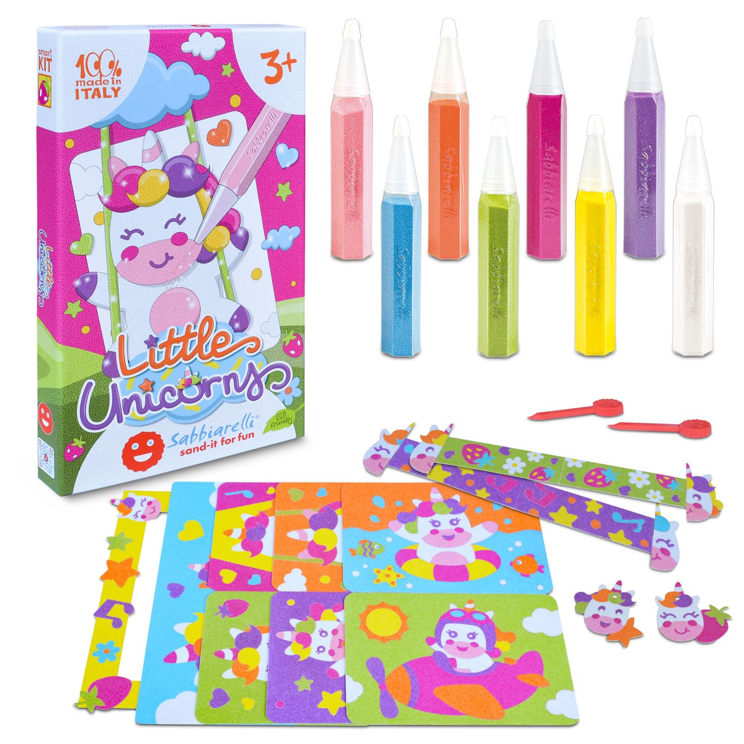 Sabbiarelli Sand-it For Fun – Kit Little Unicorns 3+ | Kit di Sand Art a Tema Unicorni 100% Made in Italy con Sabbia Colorata, Disegni Adesivi e Accessori | Lavoretti Creativi per Bambina 3-7 anni