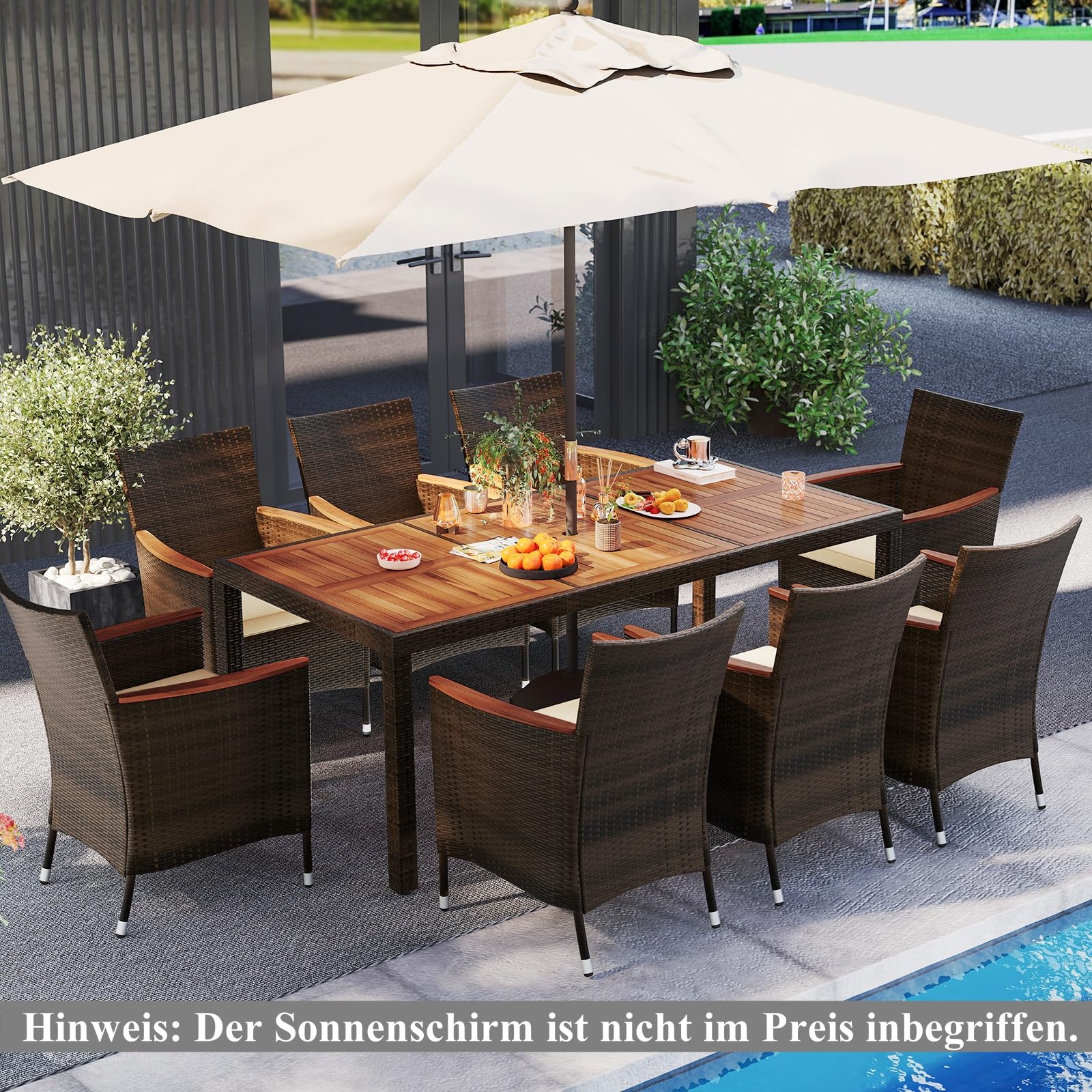 SOARS Gartenmöbel Set 8 Personen Rattan, Gartengarnitur mit Akazienholz Gartentisch, Schimloch & Stapelbare Stühle inkl. Kissen, Garten Sitzgruppe Essgruppe für Innen & Außen