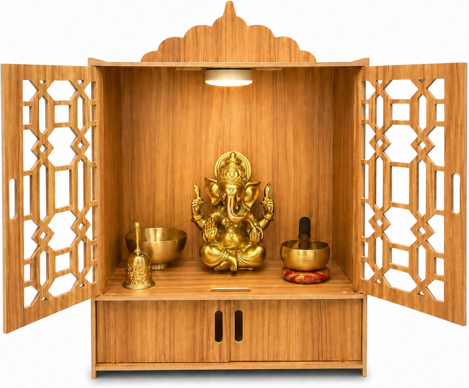 Wooden Pooja Mandir for Home with Doors - Wall Mounted Temple Cabinet with LED Light and Storage Shelf for Hindu Worship, Living Room, Bedroom, Office