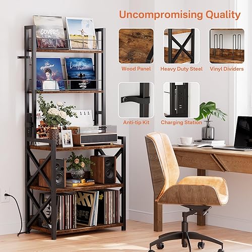 Miniatura 7 de Soporte para tocadiscos con toma de corriente, estante de almacenamiento de discos de vinilo de 5 niveles con soporte giratorio, organizador de