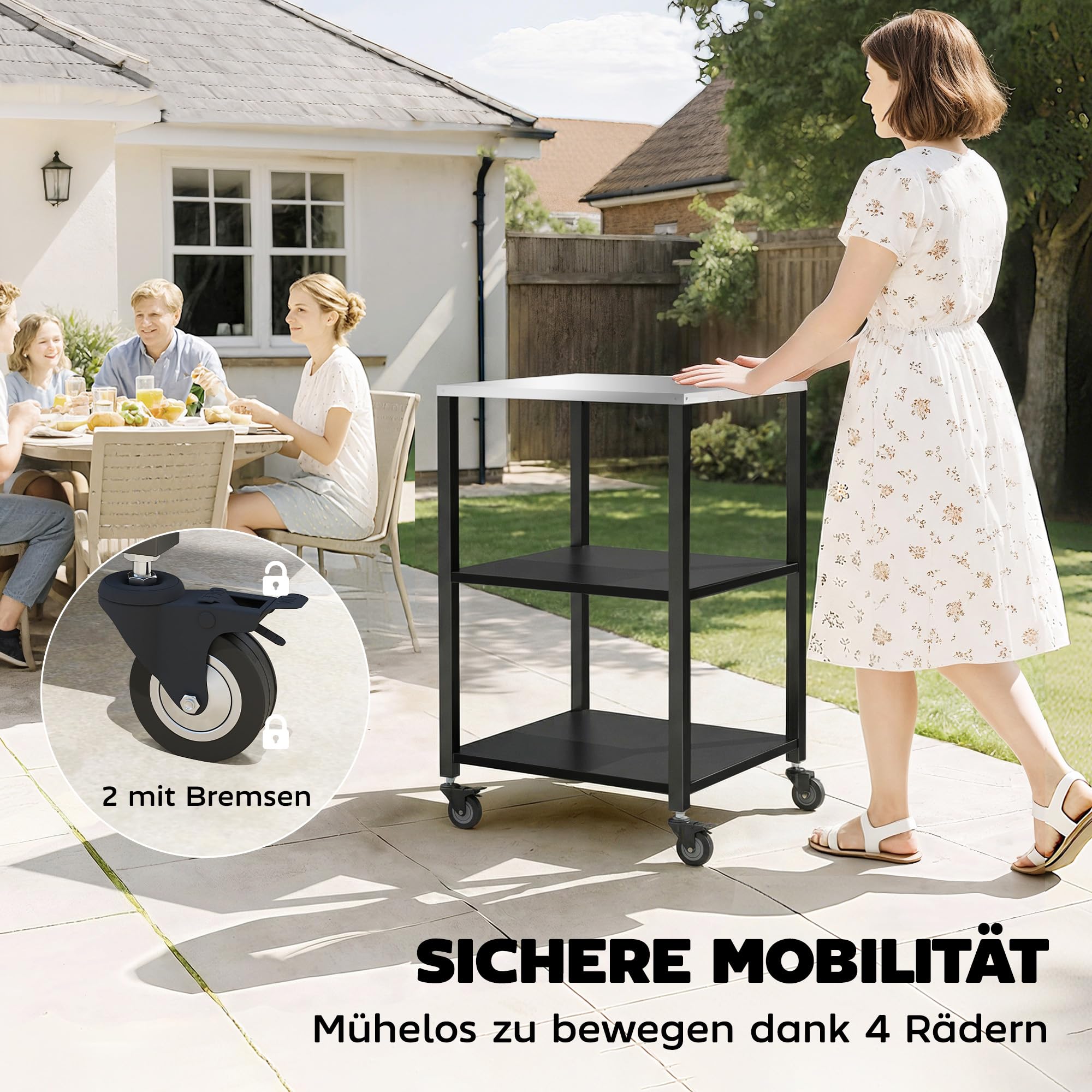 Outsunny Grillwagen 3-Etagen Grilltisch mit Edelstahl Arbeitsfläche Rollen mobiler Servierwagen Outdoor Beistelltisch Grill Trolley für BBQ 50 x 50 x 90 cm Schwarz