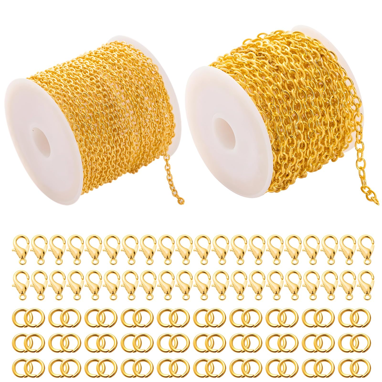 Lot de 2 chaînes bijou plaquées or, kit de fabrication de bijoux de 16,4 pieds avec 60 fermoirs mousqueton et 120 anneaux de jonction, chaîne à maillons croisés, pour collier et bracelet DIY