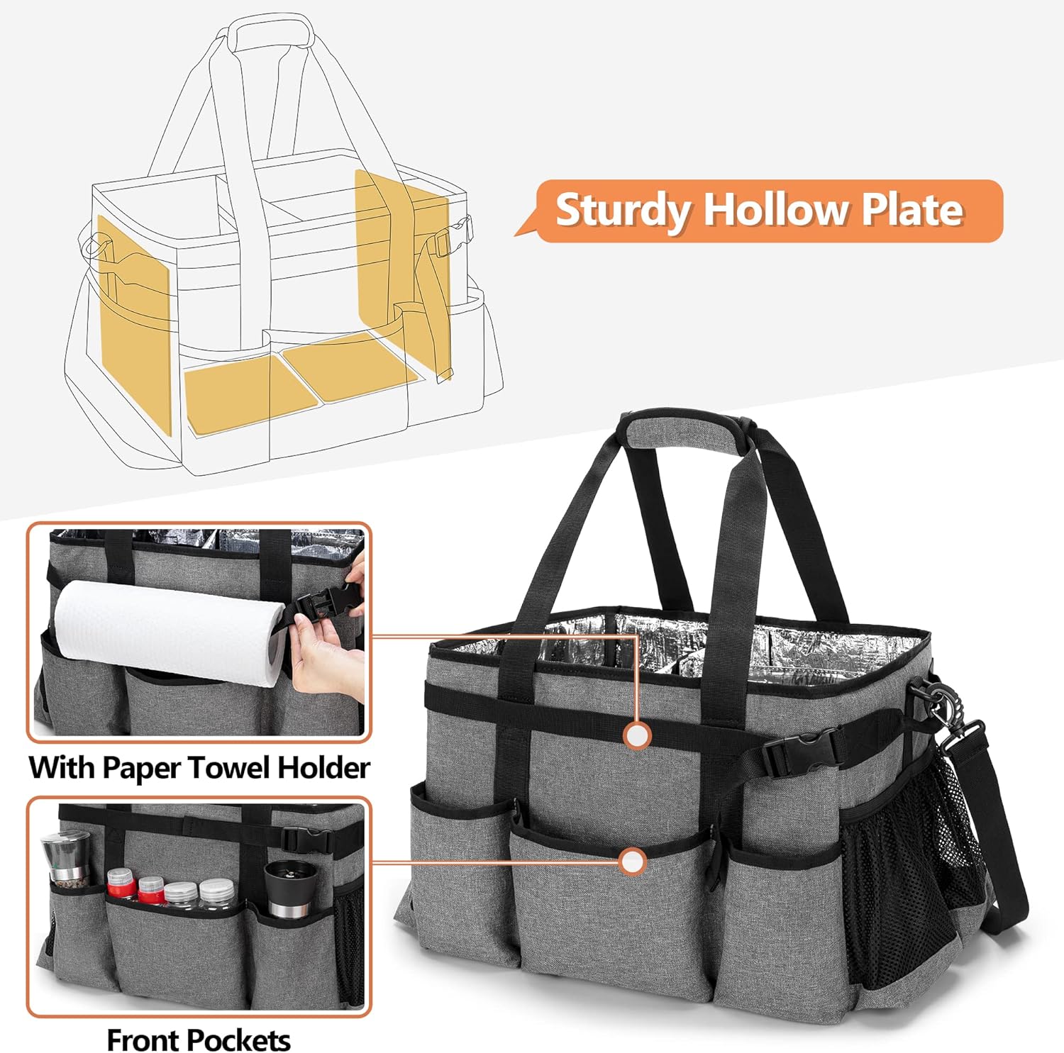 Large Grill Utensil Caddy with Detachable Cooler, Collapsible Picnic Organizer with Paper Towel Holder for Griddle Accessories, Tailgating Accessory Basket for Outdoor Cooking Supplies, Gray