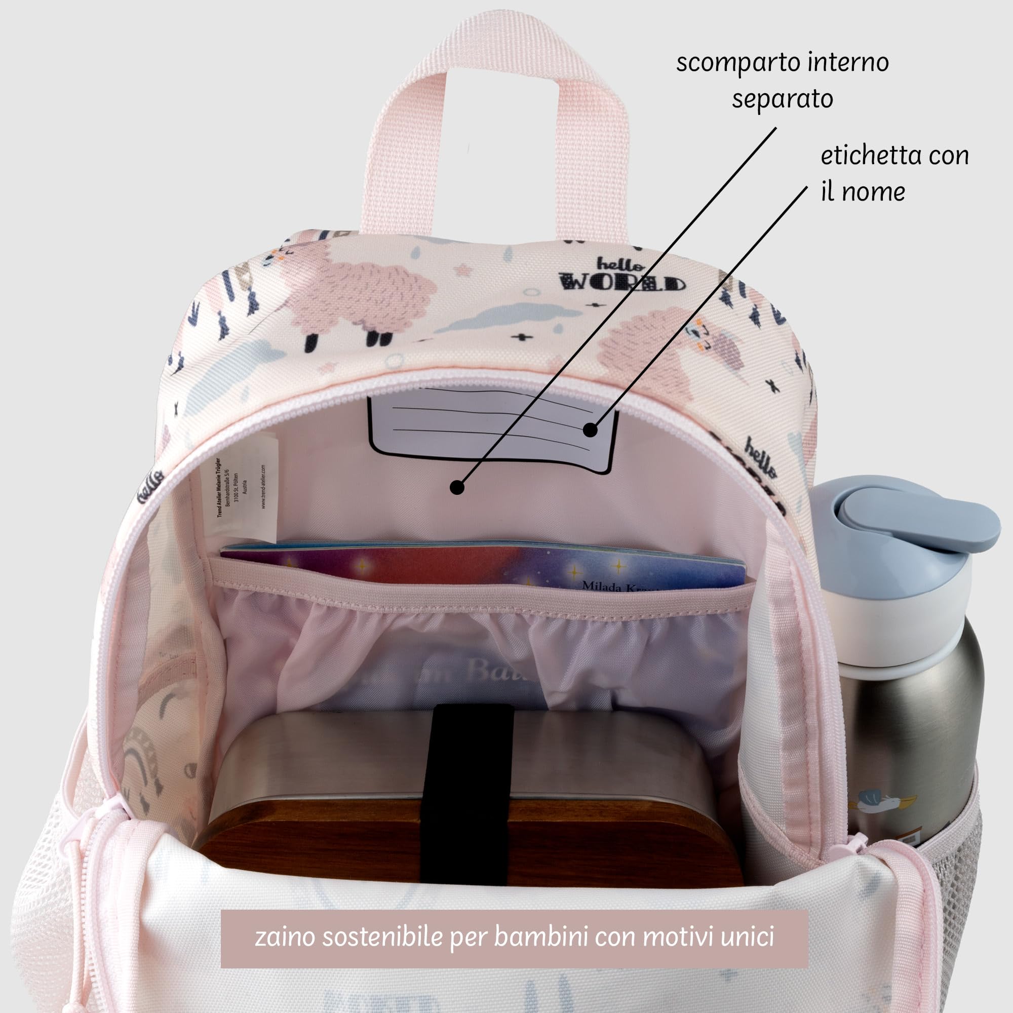 Zainetto bambini per l’asilo in poliestere riciclato, idrorepellente e senza PFC – zaino leggero per la scuola dell’infanzia con cinghia pettorale ed elementi riflettenti, 6 L