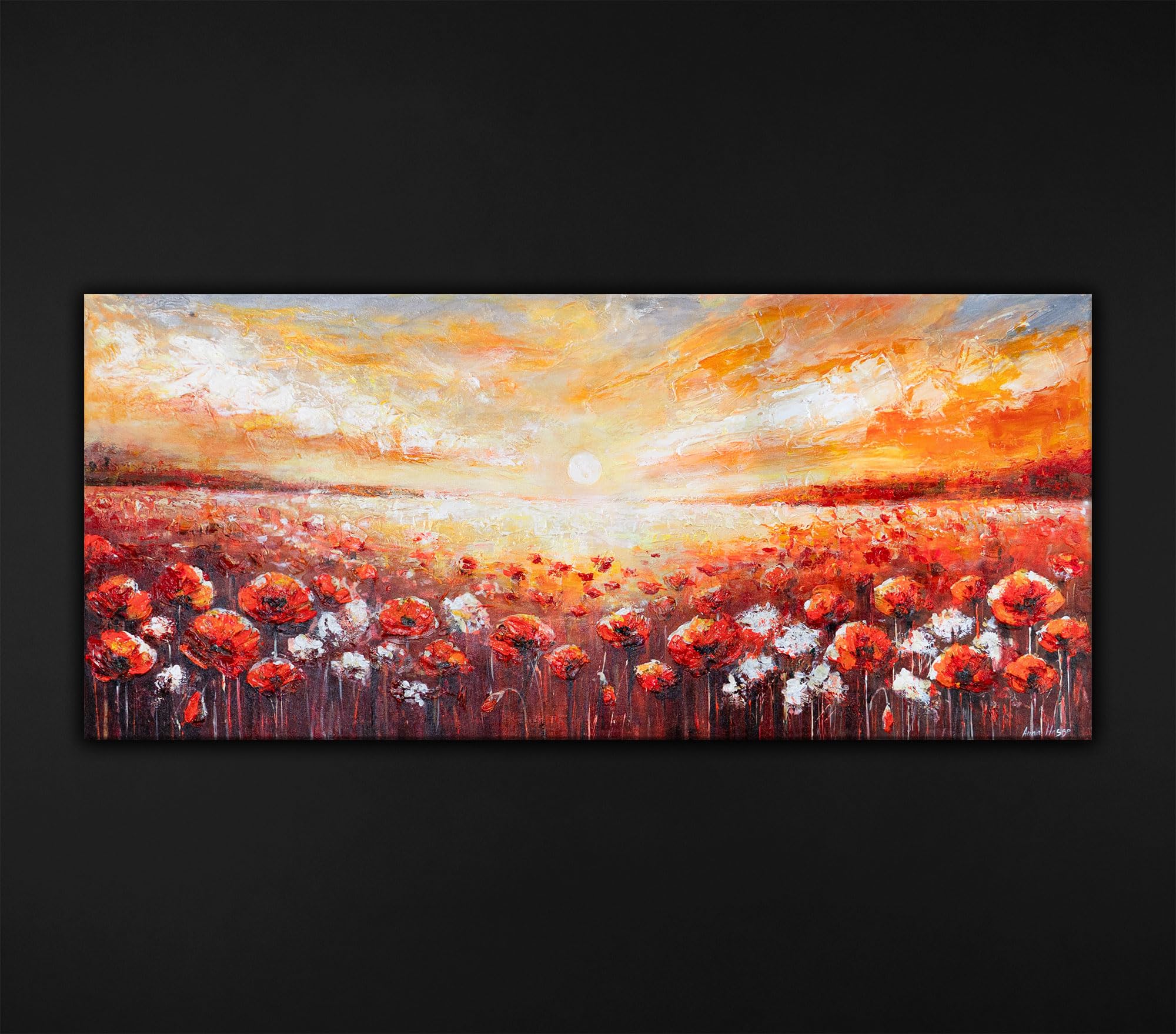 YS-Art Quadro Paesaggio Campo di Papaveri al Tramonto – Dipinto Panoramico su Tela per Soggiorno o Ufficio 115x50 cm