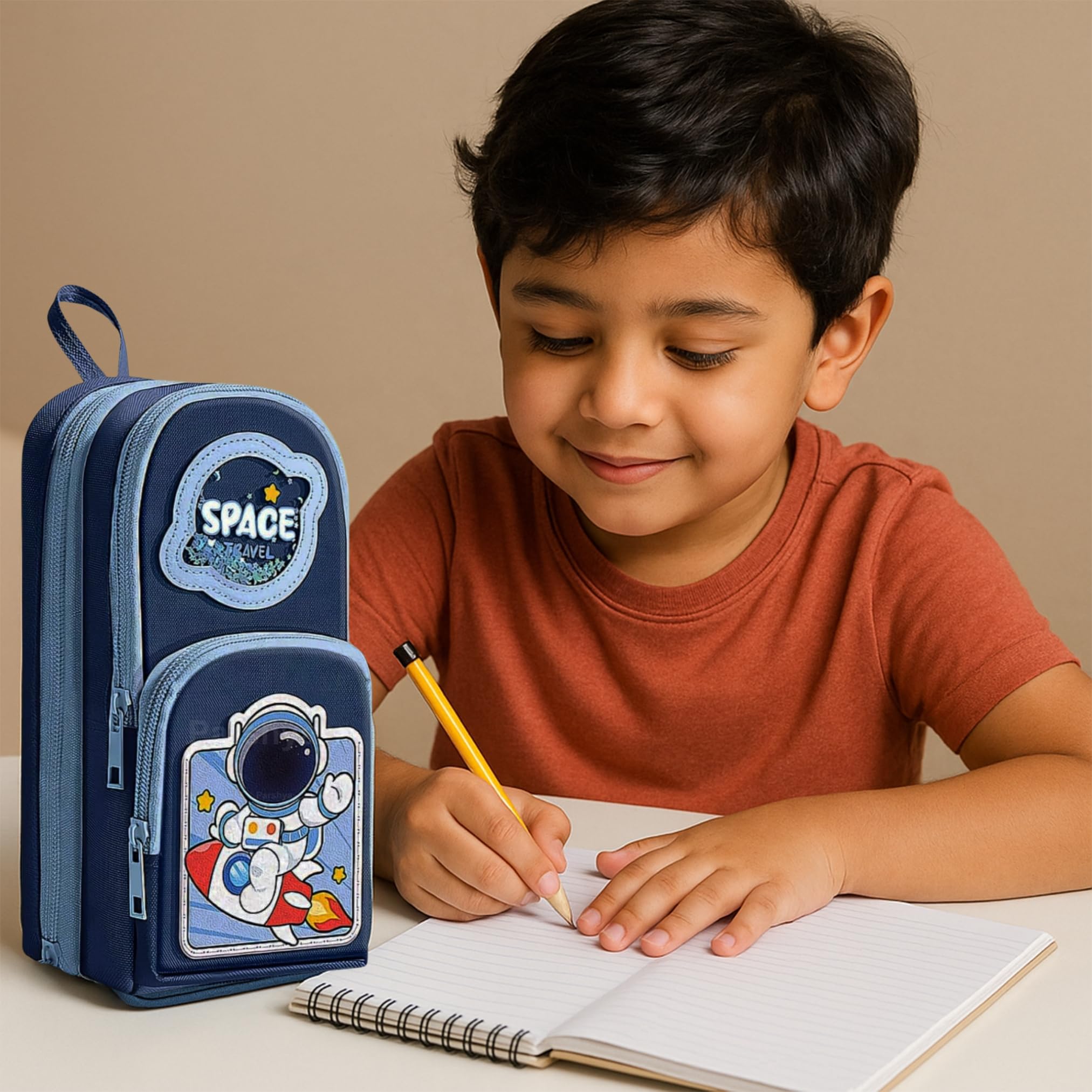 Famyo® Blue Space Pencil Case for Kids | Aesthetic School Pencil Box for Boys & Girls | Stationery Pouch with 3 Zipper Compartments | Cute Pencil Pouch for Kids 3