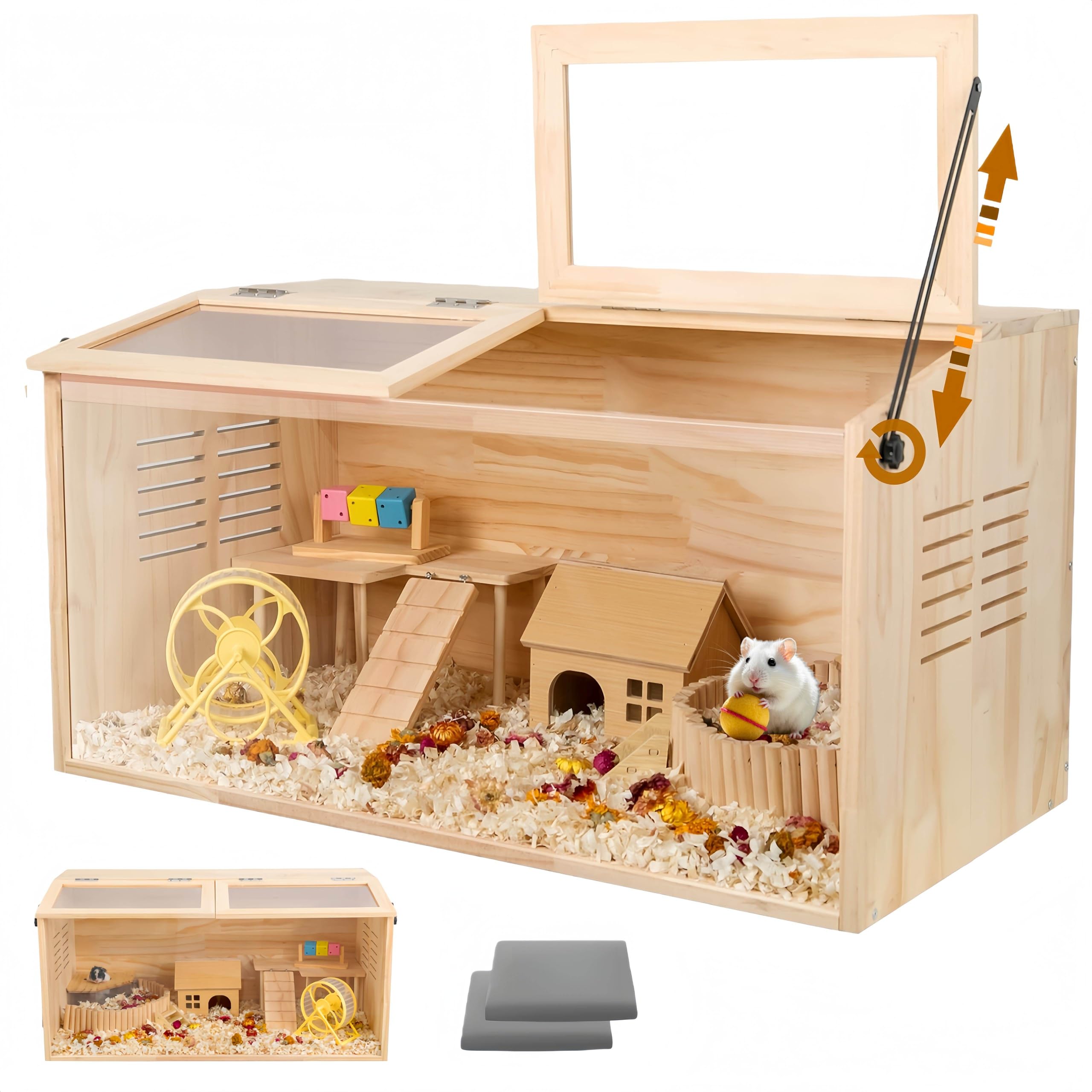 Wooden Hamster Cage,32" Lx16 Wx16 H,Animal Cabinet for Dwarf Syrian Hamsters Degus, Hamster Habitat with Openable Top and Large Acrylic Sheets, Natural Wooden Hamster Habitat with 2 Openable Door.