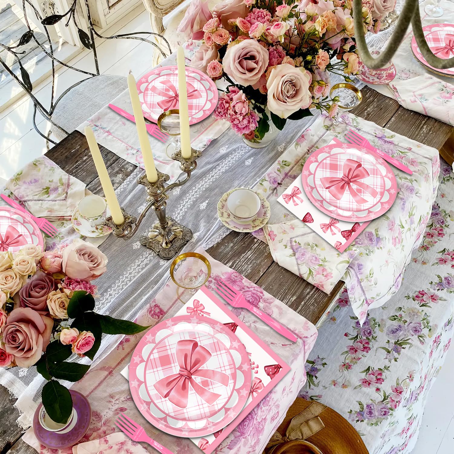 Serviette Rose Déco Fête Nœud Rose - Service 20 Personnes - Assiettes, Tasses, Serviettes Kit Anniversaire Fille