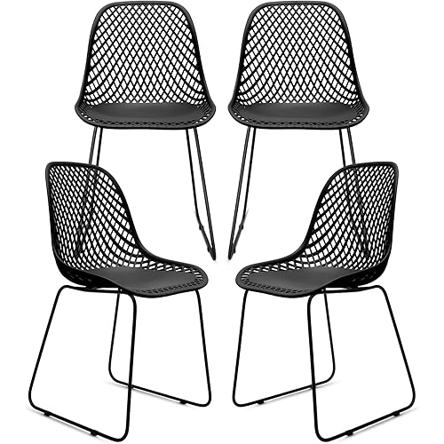 Contemporary Chair Set, Wide Armless Shell Chairs with Sturdy Metal Legs, Easy Assembly for Kitchen, Dining, Workspace, Waiting Area or Indoor/Outdoor Use, Set of 4 (Coal Black)