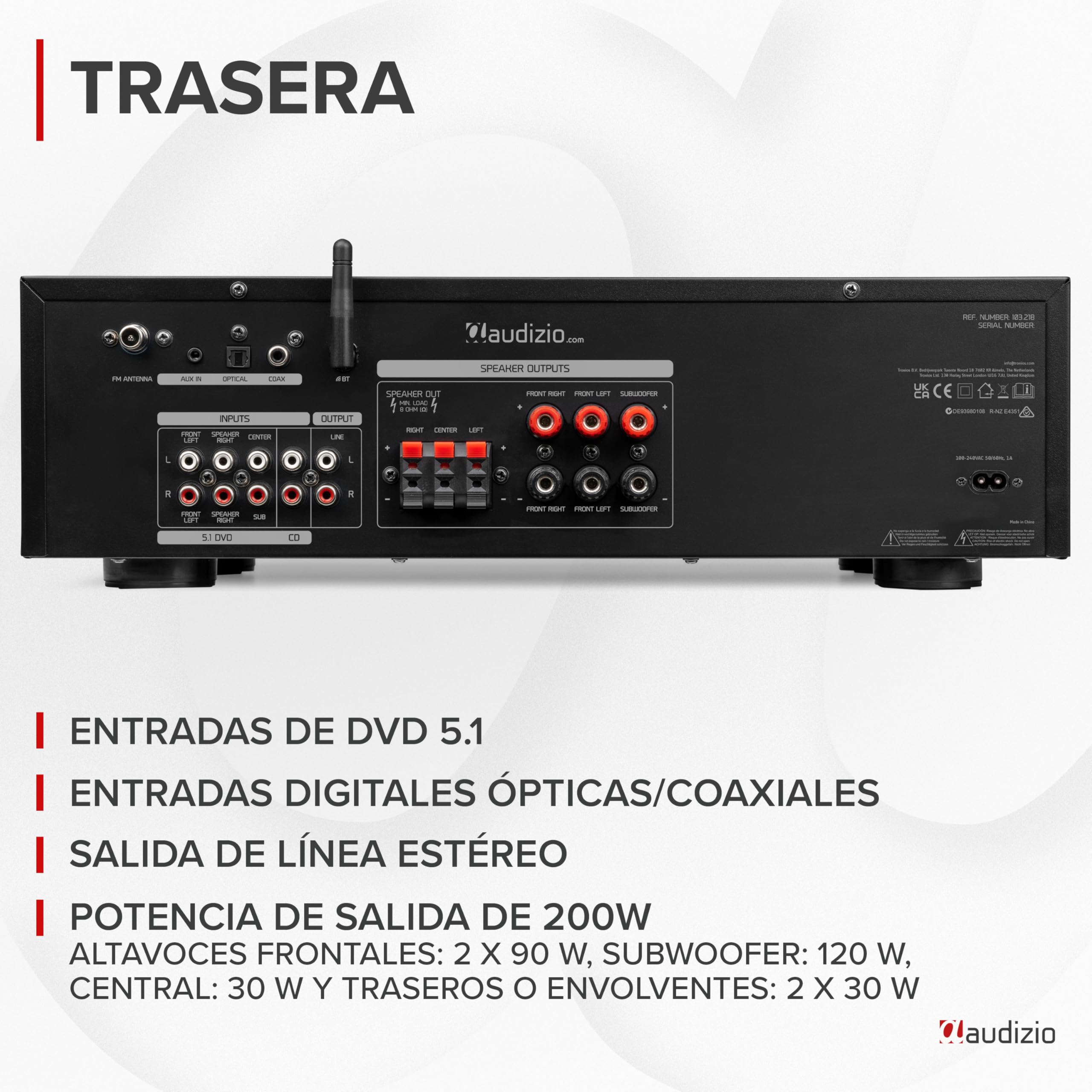 Audizio AV560EQ - Amplificador 5.1 con Bluetooth 5.0, USB, Radio FM, entradas óptica y coaxial, micrófonos con Eco y delay, 390W de Potencia Total, Mando a Distancia y diseño Elegante Negro