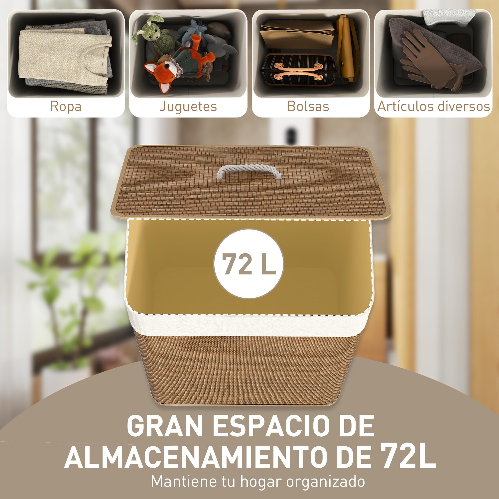 HOMCOM Cesto de Ropa Sucia 72L Bambú con Bolsa Interior Extraíble