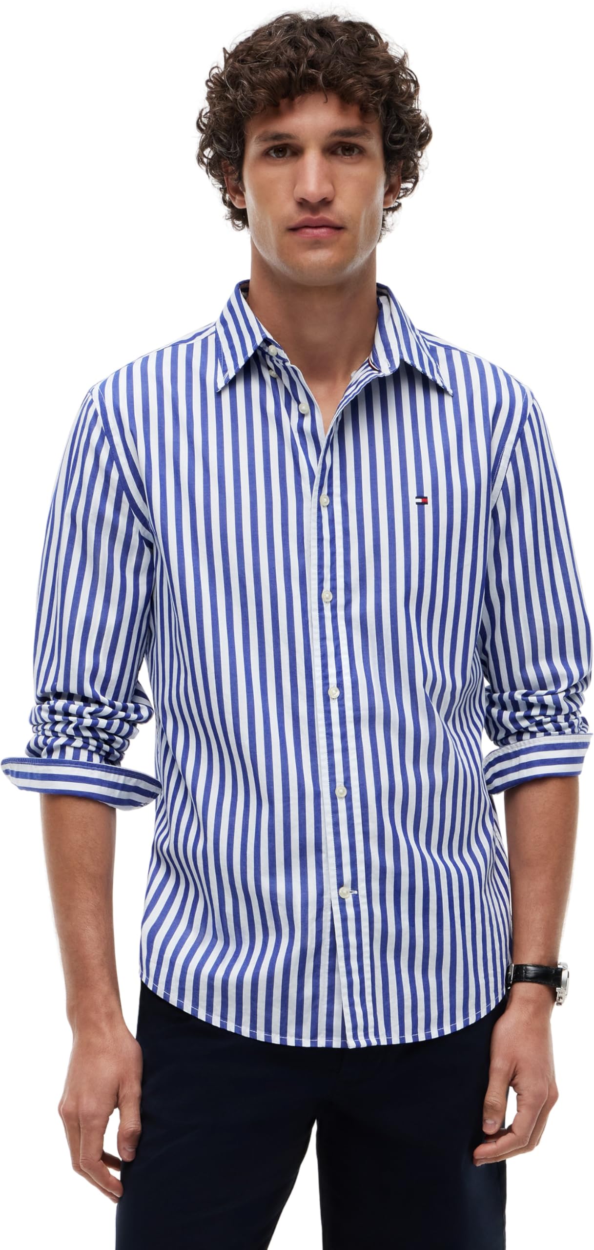 Tommy Hilfiger Uomo Camicia Flex Poplin Classic in Cotone, Multicolore (Wedge Blue/Stripe), XL