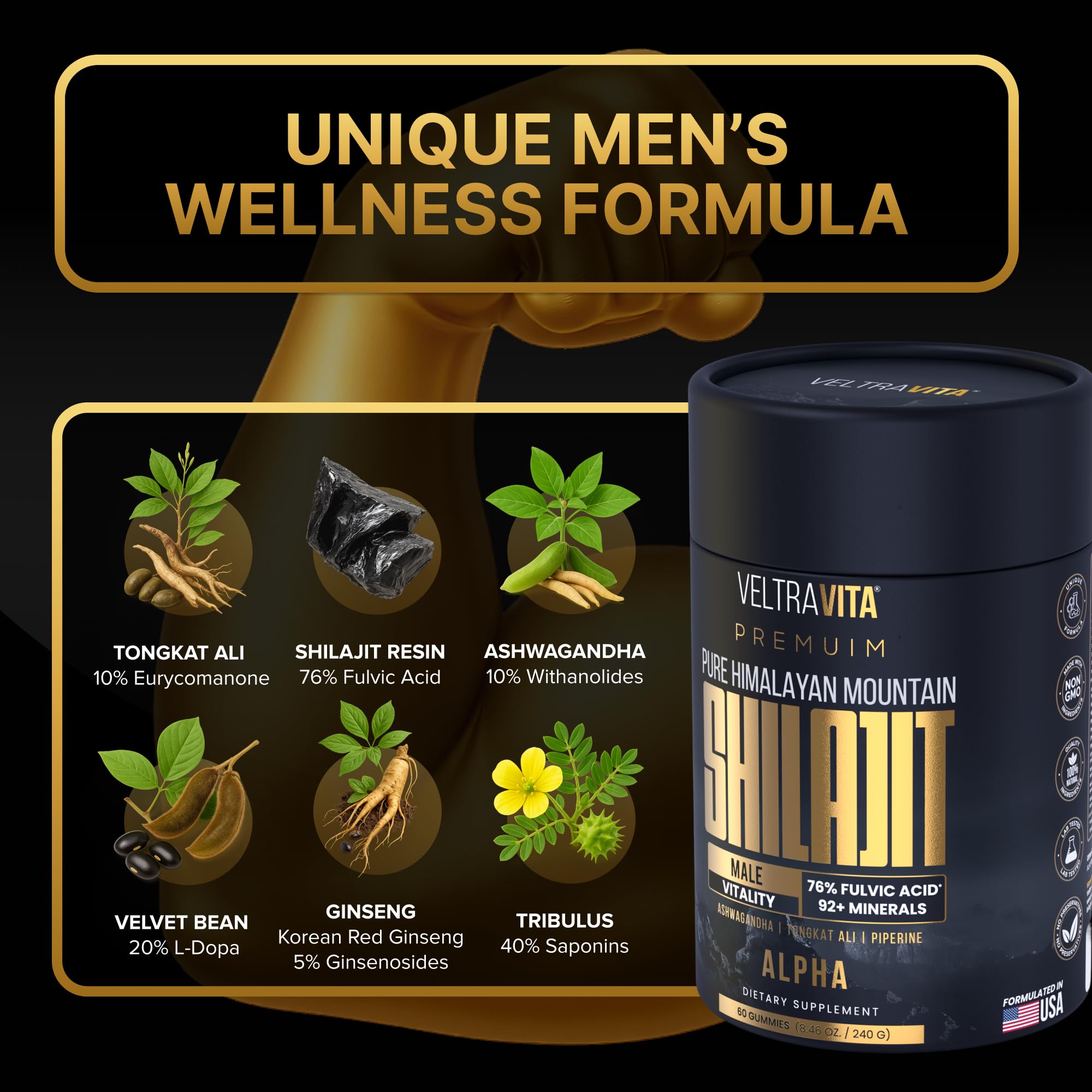 VeltraVita® Alpha Shilajit Gummies for Men | Pure Himalayan Shilajit with Tongkat Ali, Tribulus & Ashwagandha | Advanced VeltrAbsorb™ | 76%+ Fulvic Acid & 92+ Trace Minerals | Vegan, Sugar-Free — Amazon image 3