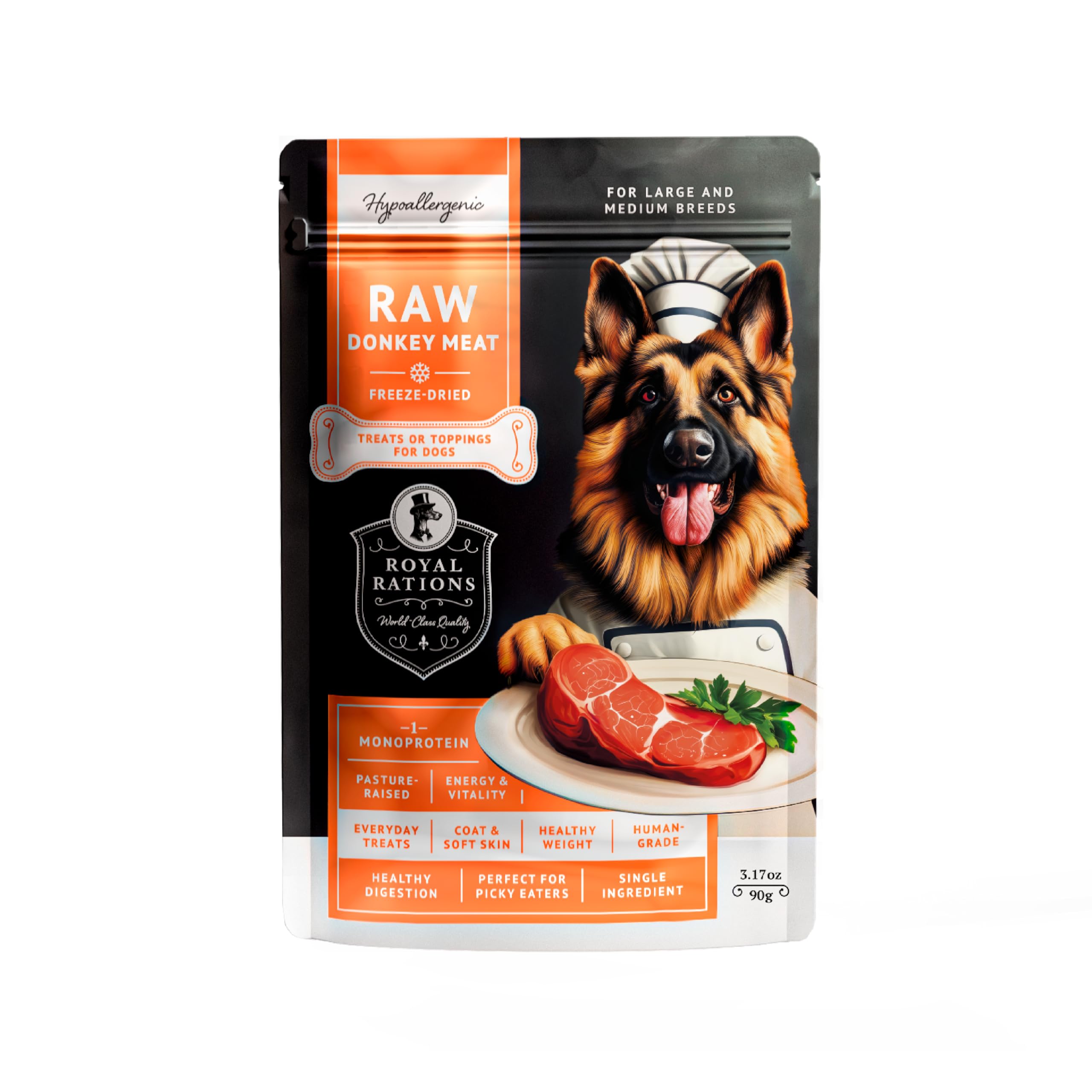 Premium Freeze-Dried Raw Donkey Meat Treats for Dogs – Hypoallergenic, Single-Ingredient, Premium Quality for Large & Medium Breeds, 3.17 oz (90 g)