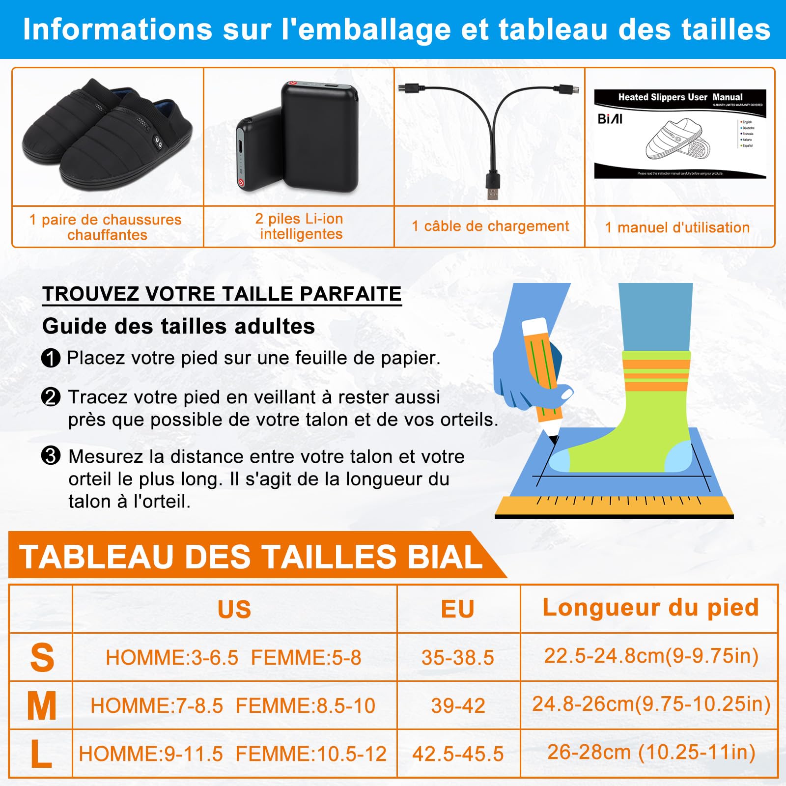 BIAL Chaussons Chauffants, Electrique Chauffe Pied Pantoufles Chausson Chauffant Hiver Double Interrupteur Pantoufles Chauffantes Chauffe-Pieds avec Batterie 5000mAh Hommes Femmes Intérieur/Extérieur