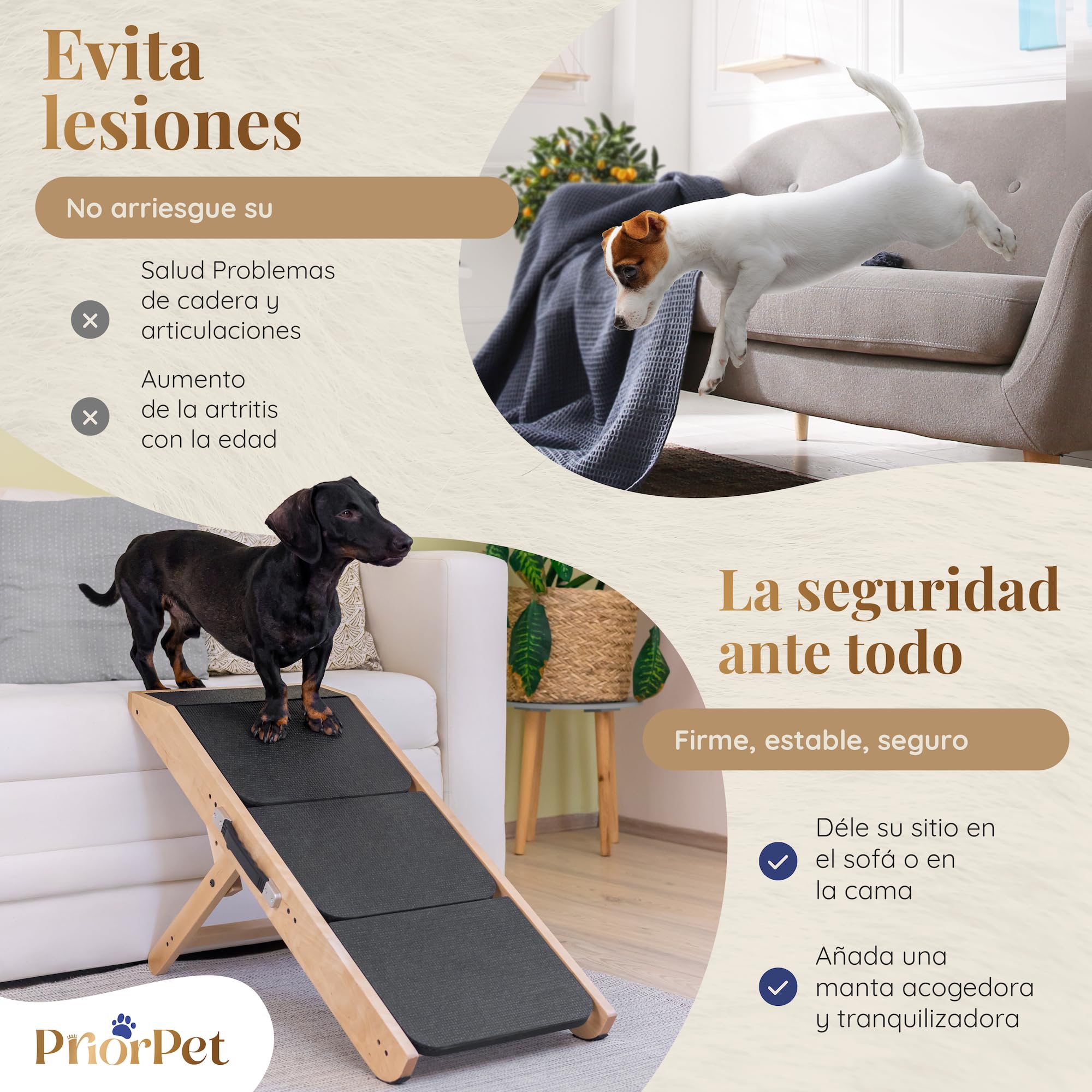 Escalones y Rampa para Perros 2-en-1 - Escalera/Rampa Ajustable en Altura para Sofá 18-50 cm - Escalones para Mascotas, Escalones para Perros Pequeños - con Plataforma de Aterrizaje, Natural