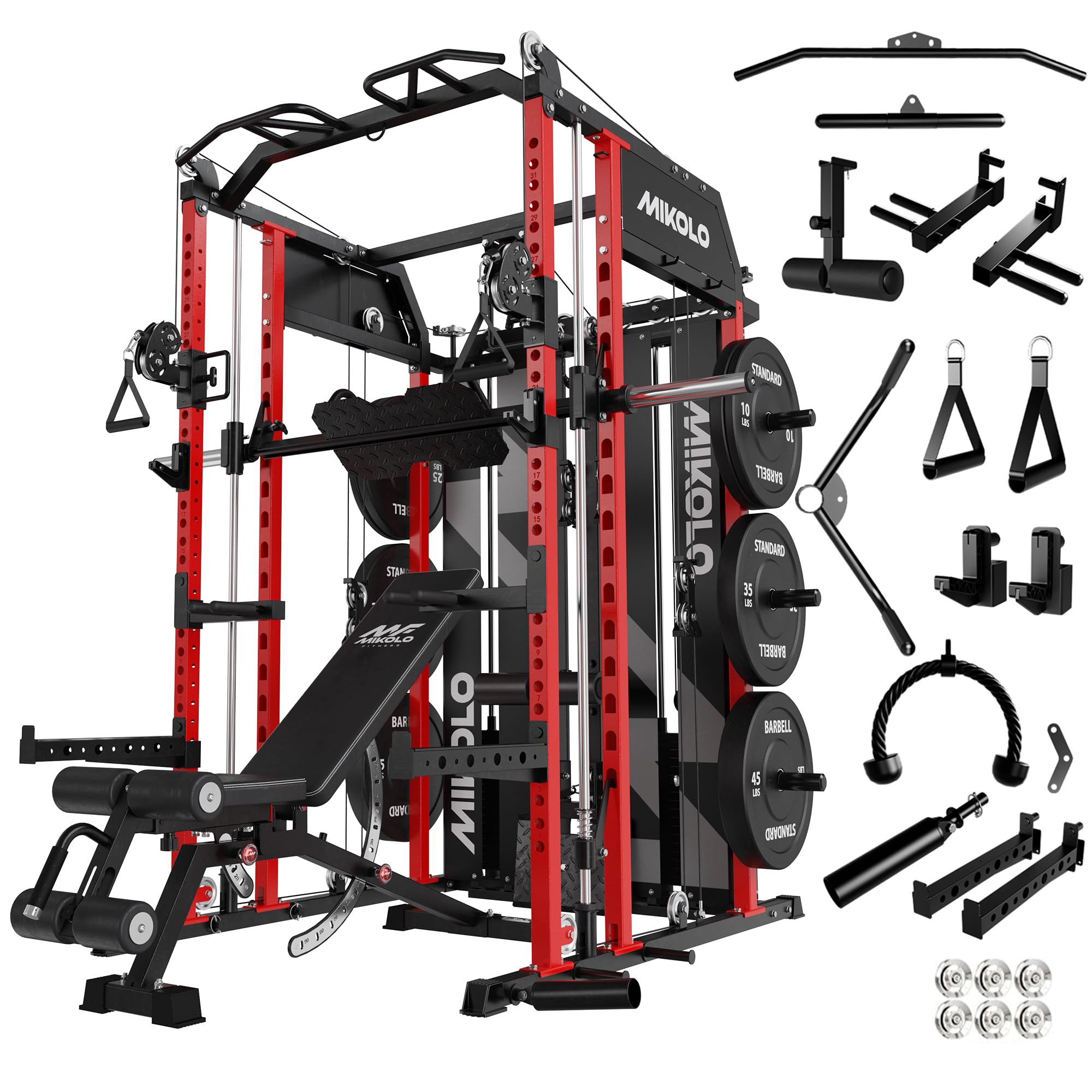 Mikolo Smith Machine with Weight Stack, Power Cage Home Gym System with LAT Pulldown &amp; Cable Crossover, Multi-Functional Trainer with Dual Pulley System, Includes 10+ Free Attachments