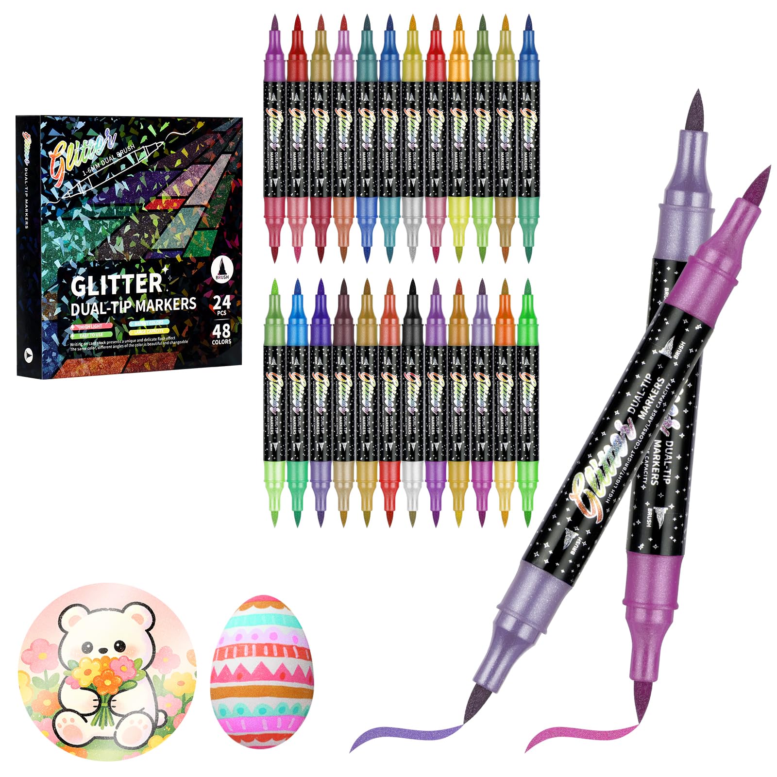 NUTKIT Metallic Acrylic Paint Pens, 24 Pack 48 Colors Dual Tip Glitter Paint Pens Set, Metallic Sparkle Markers for Ceramic, Canvas, Rock, Glass, Wood DIY Craft Making, Art Supplies, Coloring