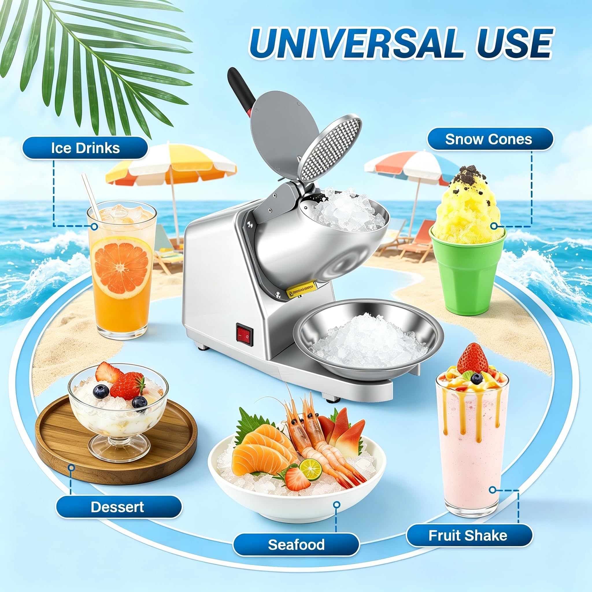 Trituradora de hielo 100 kg/h, máquina de slush profesional con tazón y tapa, 300 W 2200 rpm, para casa/bar/oficina - 4 cuchillas, velocidad