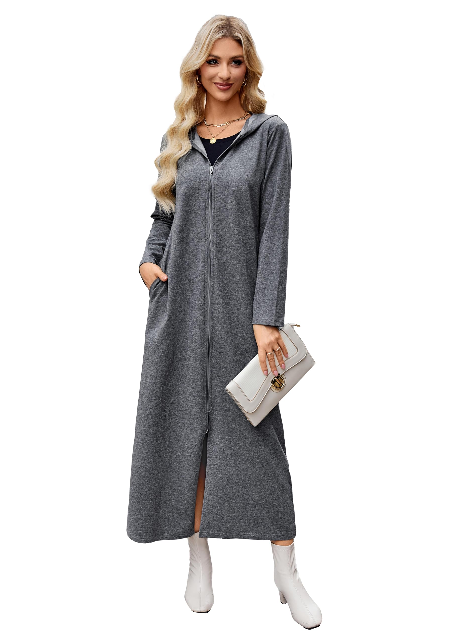 VOGMATE Damen Morgenmantel Reißverschluss Leichter Lang Bademantel mit Kapuze Baumwolle Kuschelig Hausmantel Dünn Hoodies und Sweatshirts