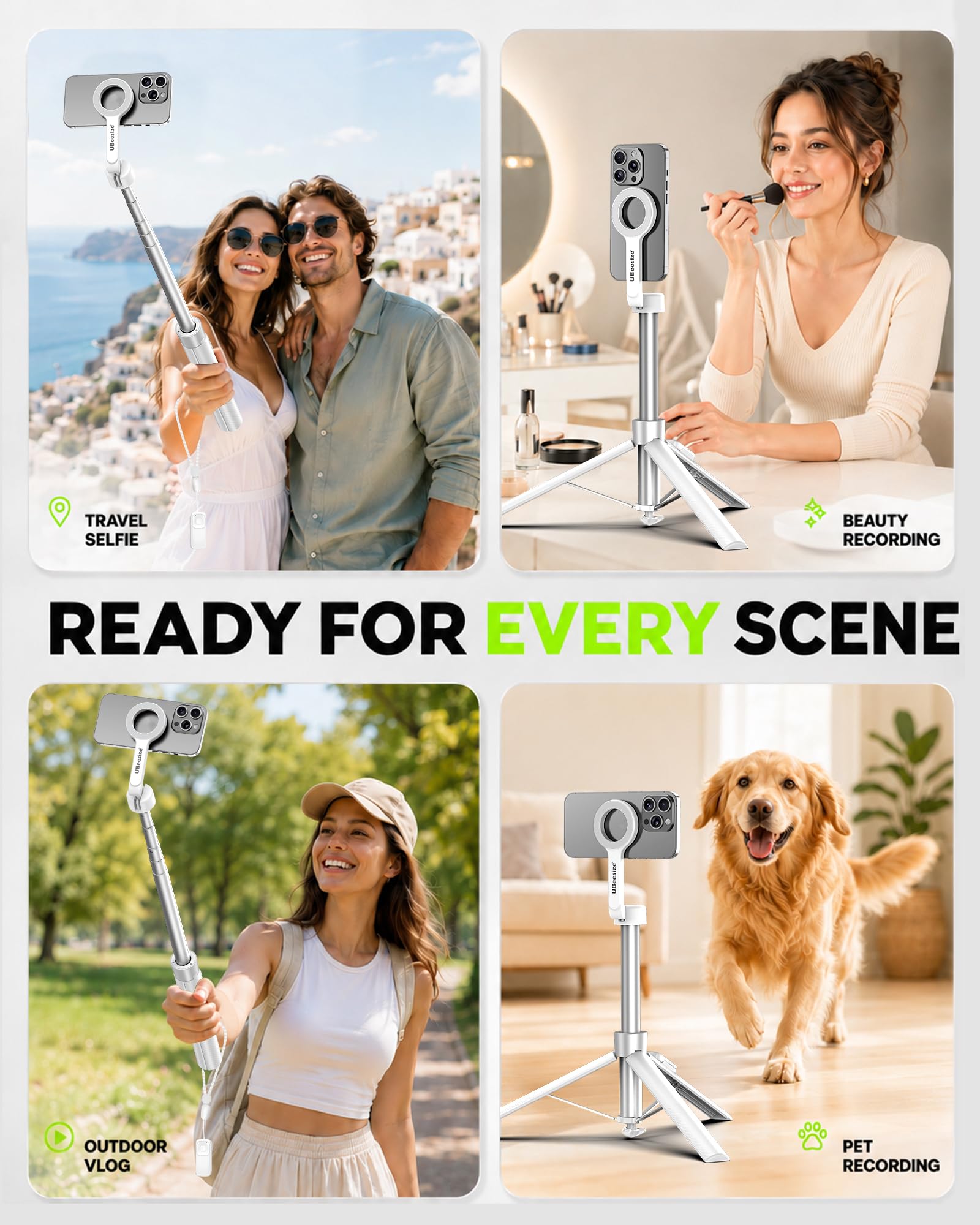 UBeesize Perche à Selfie magnétique avec télécommande (Blanc), Compatible avec MagSafe, trépied pour iPhone