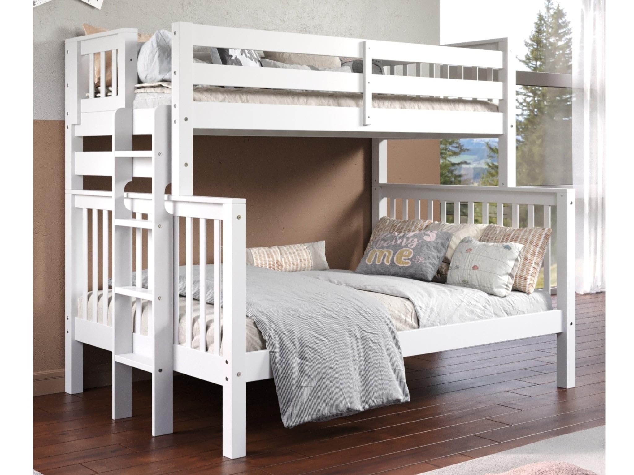 Literas de tamaño individual sobre cama matrimonial, estilo misión con escalera final, color blanco 9