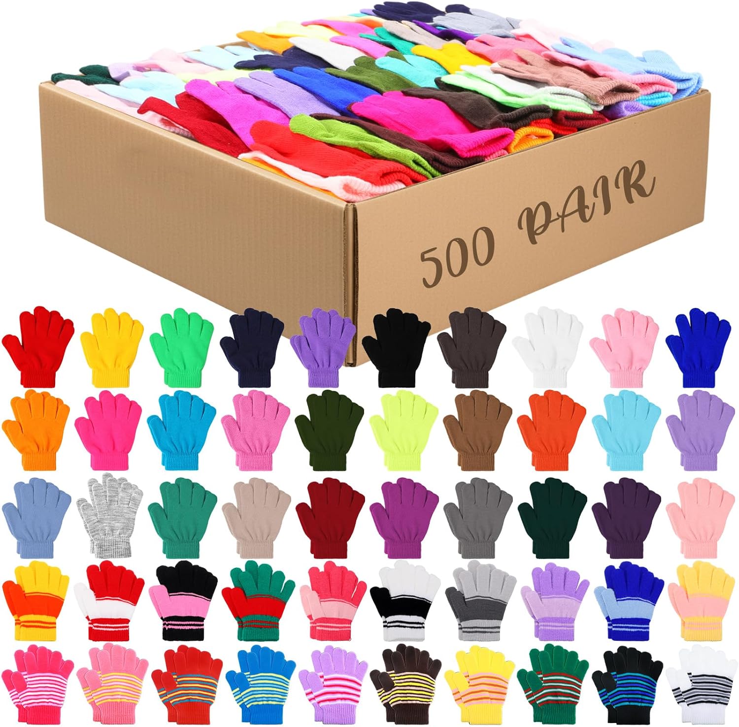 Handepo 200/500 Pairs Kids Gloves Bulk Child Winter Knitted Colorful Stretchy Full Finger Gloves for Christmas Homeless Gifts