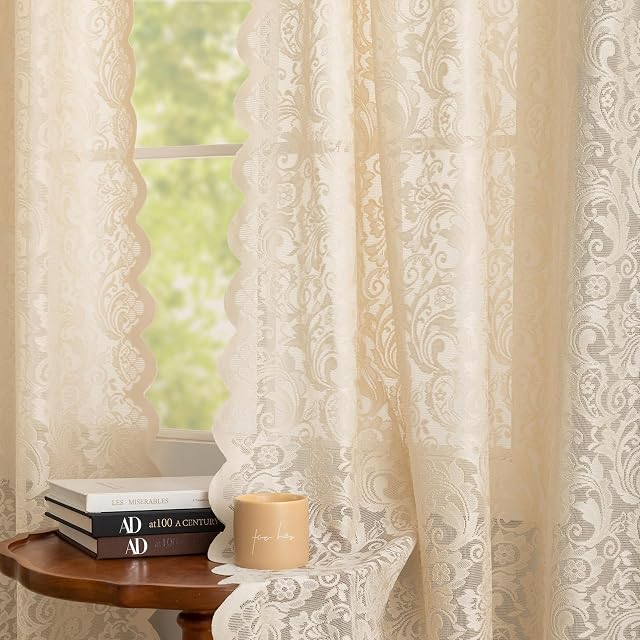 ALIGOGO Beige Lace Curtains 84 Inches Long 2 Panels | Boho Farmhouse, Bedroom Living Room Decor, Light Filtering Privacy, Rod Pocket, Scalloped Edges, 52W x 84L Inch