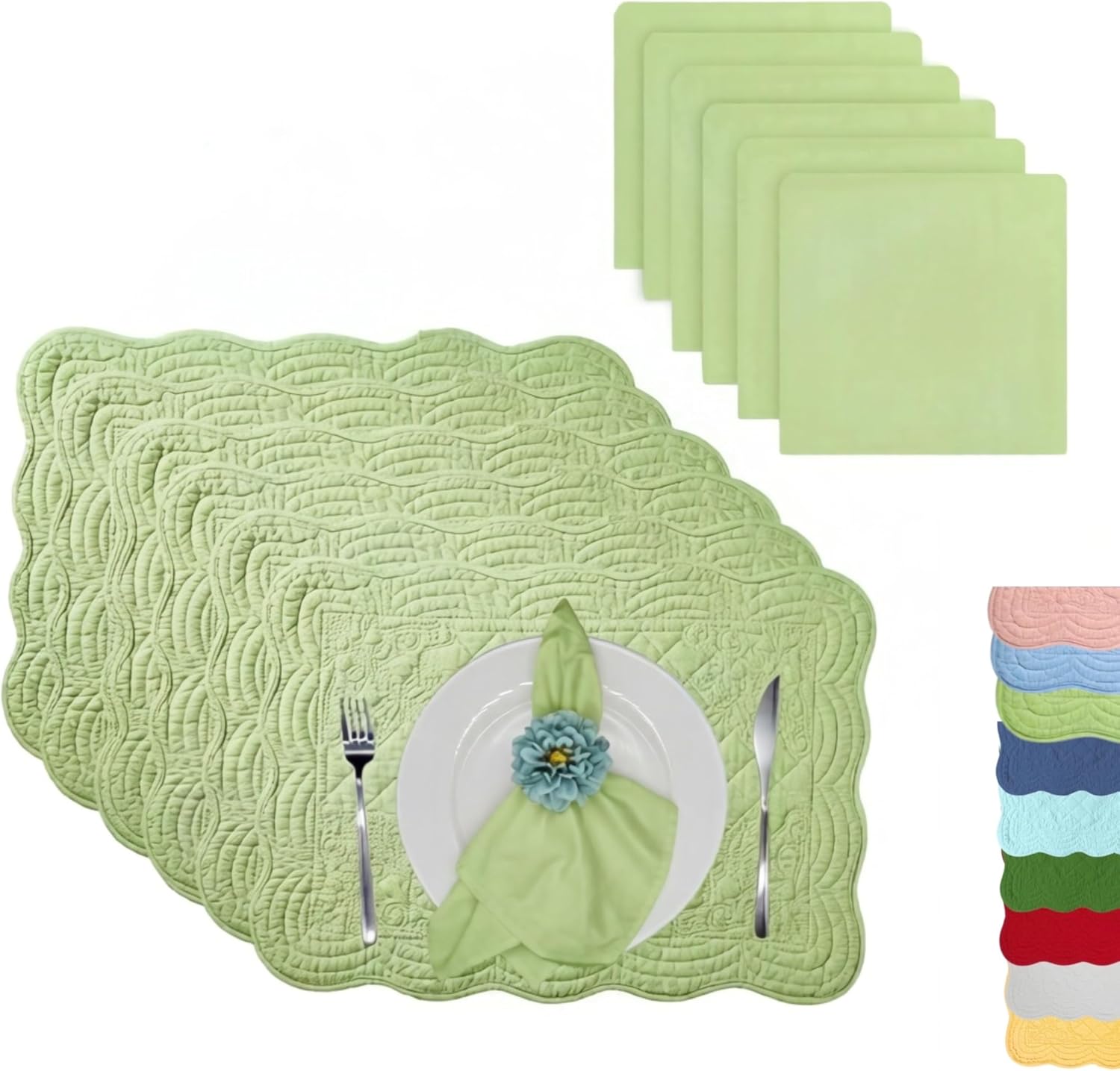Spring Table Setting Placemats Set of 6 with Matching Napkins, Quilted Cotton Table Mats & Cloth Napkins, Soft Pastel Pistachio Green for Brunch, Gatherings & Everyday Dining