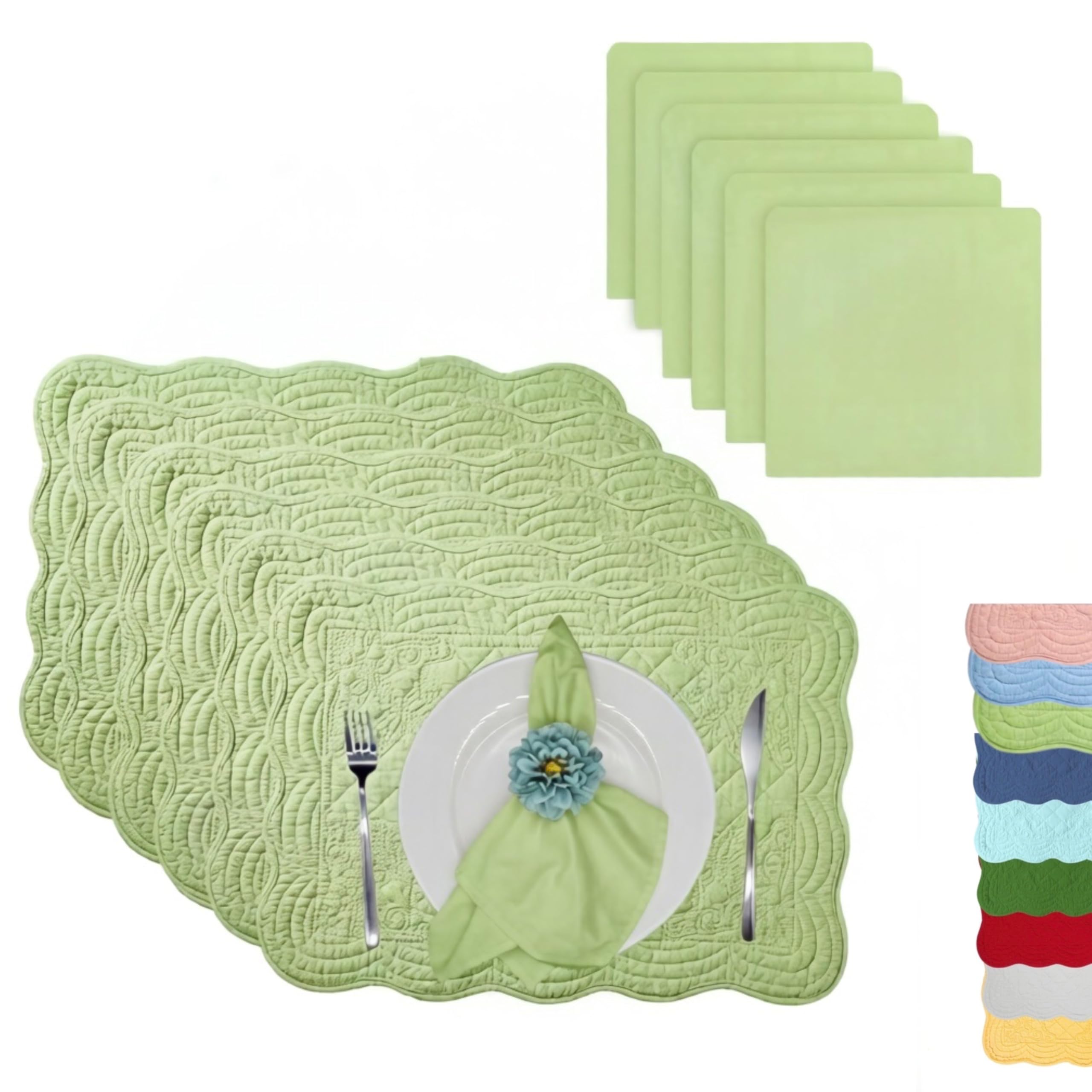 ART Pinecone Quilted Cotton Placemats with Matching White Cotton Napkins – Set of 6 Table Mats & 6 Cloth Napkins – Solid White Table Linen Set for Everyday & Holiday Dining (6, Soft Pistachio Green)