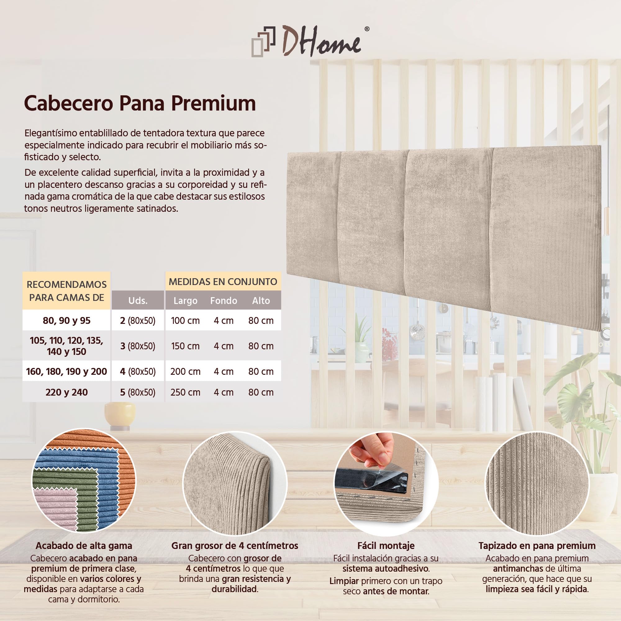 DHOME Cabecero Tapizado Pana Premium Antimanchas Diseño Modular Vertical Autoadhesivo Cabezal Cama Dormitorio Acolchado (Beige, 160cm, Altura 80cm, x4)