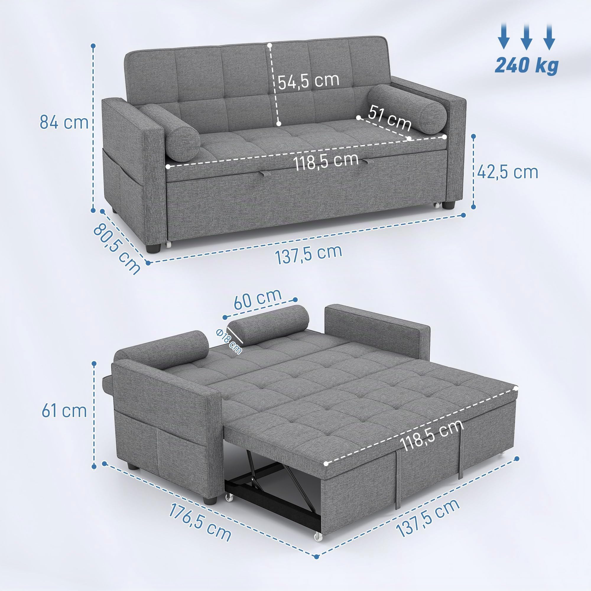 HOMCOM Sofá Cama 2 Plazas 3 en 1 con Respaldo Ajustable 6 Niveles Gris | Sofá Cama Deslizante, Tejido Lino, Bolsillos Laterales, 2 Cojines Fundas Extraíbles, para Sala de Estar, Espacios Pequeños