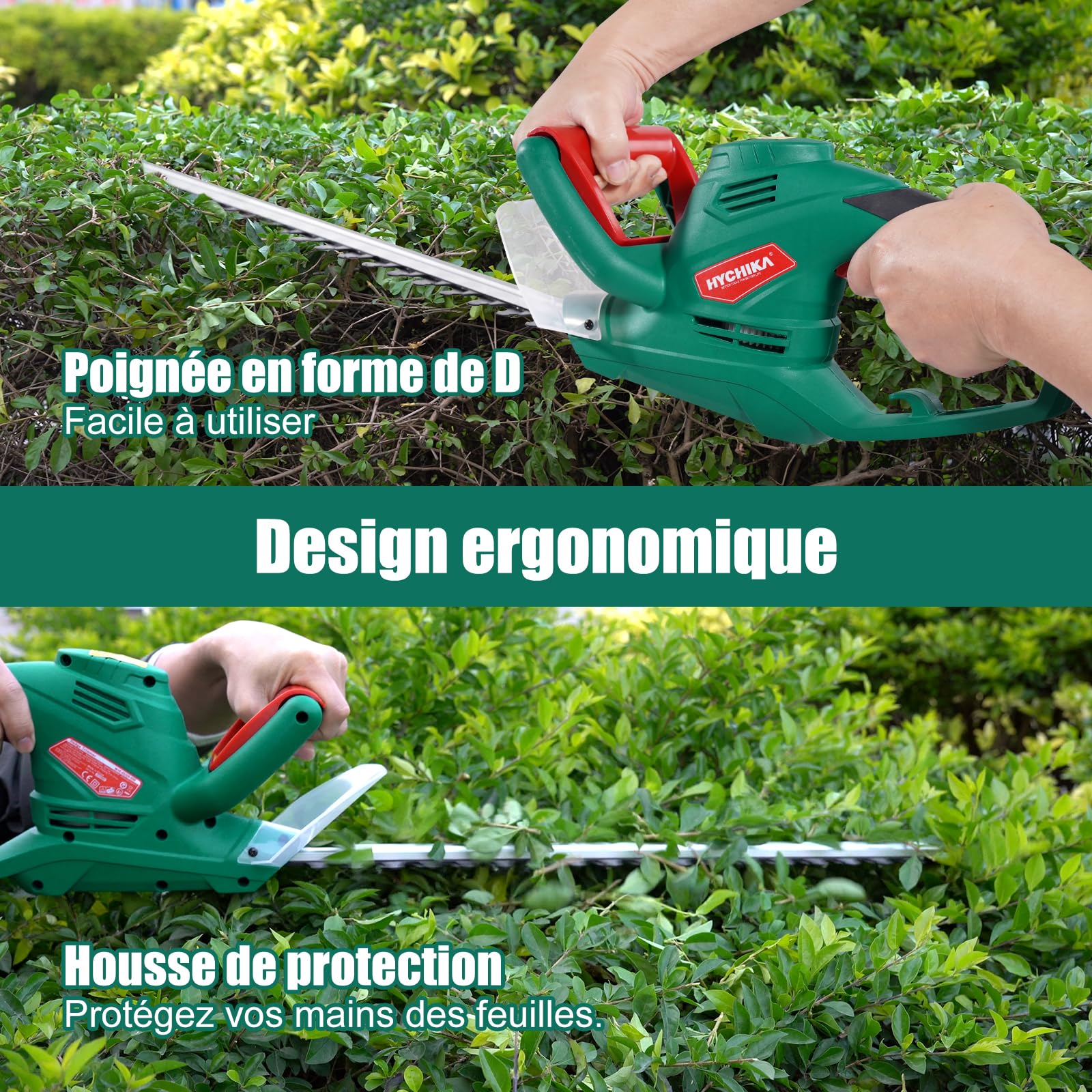 HYCHIKA Taille-Haies Électriques 550W, Taille Haie Electrique Filaire, Coupe Haie, Lame 45 cm, Écartement 18 mm, Double Interrupteur et Double Poignée, pour Tailler Les Haies et Arbustes