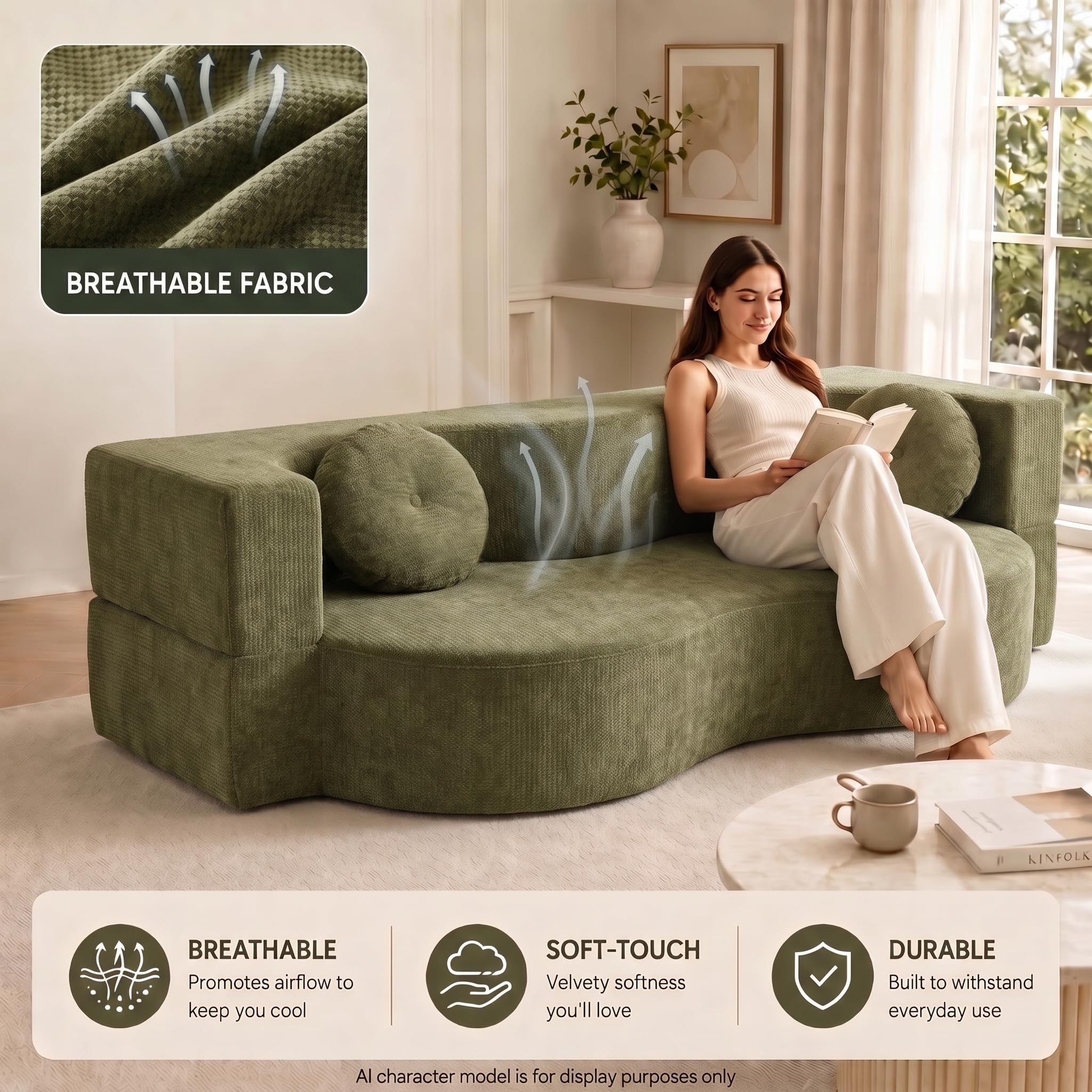 Divano Letto Pieghevole 2 in 1, Divano con Funzione Letto Senza Struttura Rigida, Sofa Bed con 2 Cuscini, Letto Ospiti Pieghevole per Soggiorno, Camera da Letto e Ufficio,Verde(200 x 50 x 64 cm)